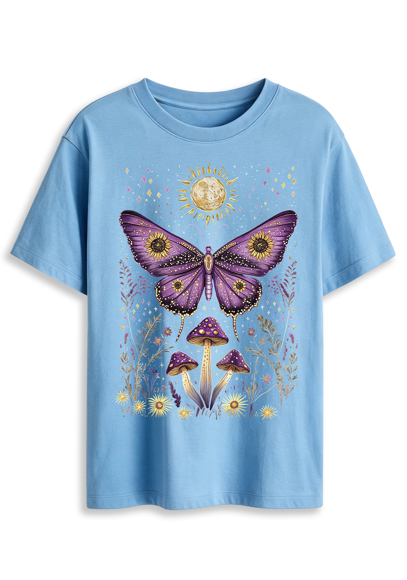 Mystical Moth Mushroom Celestial Moon Sun Wildflower Graphic T-Shirt