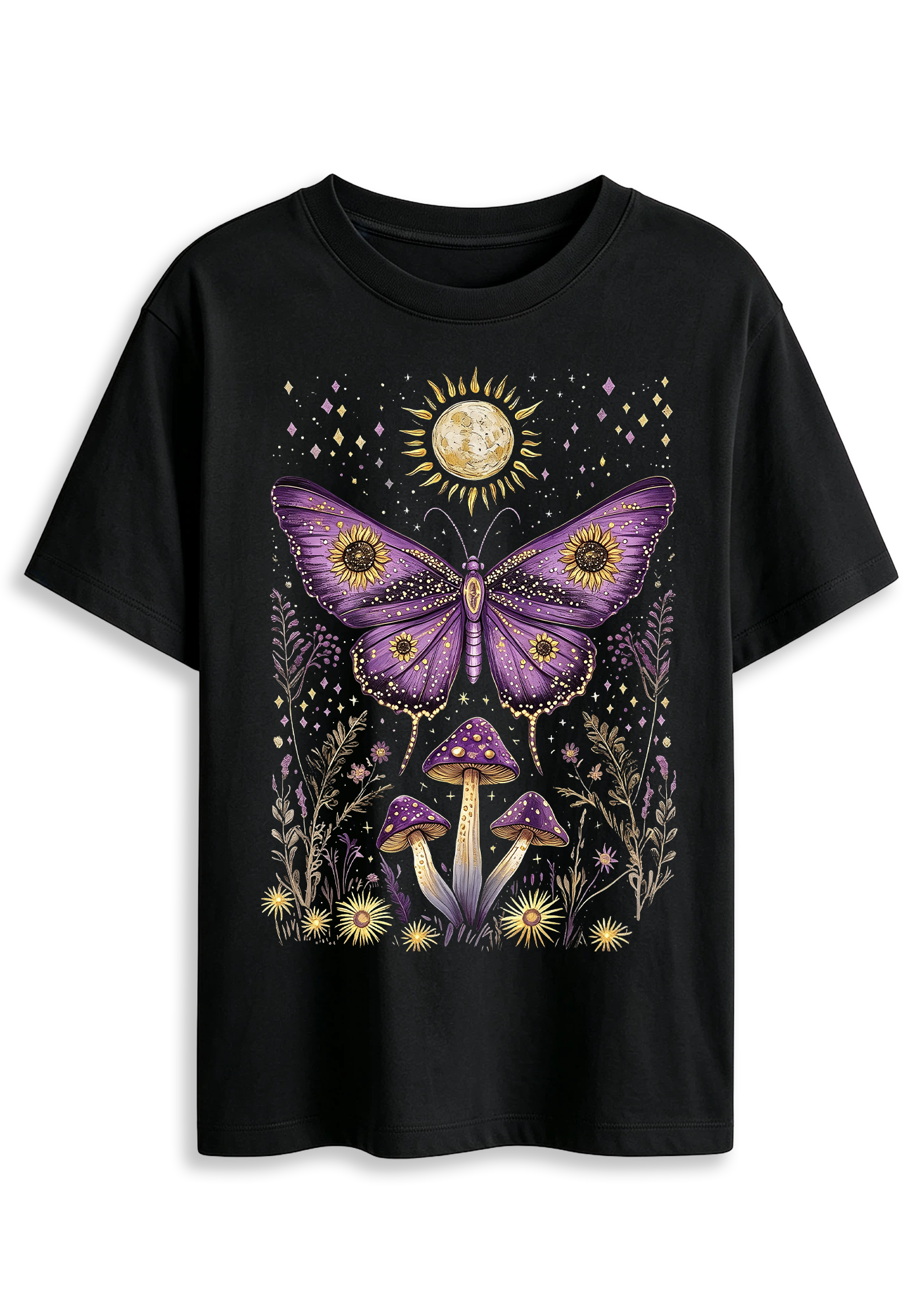 Mystical Moth Mushroom Celestial Moon Sun Wildflower Graphic T-Shirt