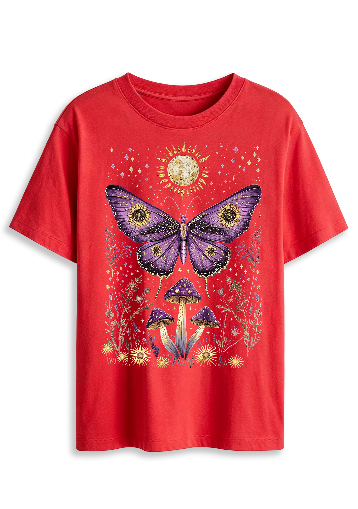 Mystical Moth Mushroom Celestial Moon Sun Wildflower Graphic T-Shirt