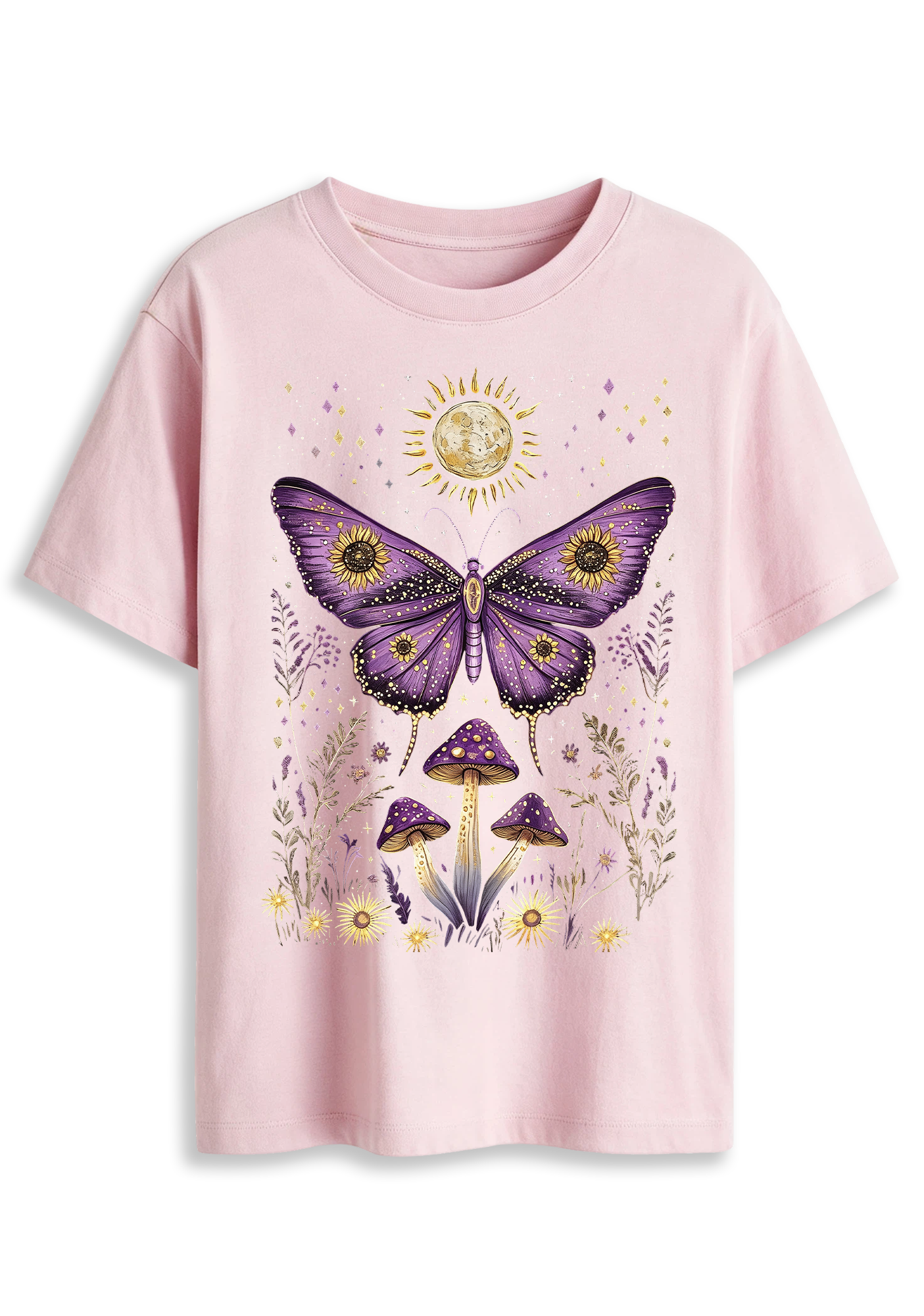 Mystical Moth Mushroom Celestial Moon Sun Wildflower Graphic T-Shirt