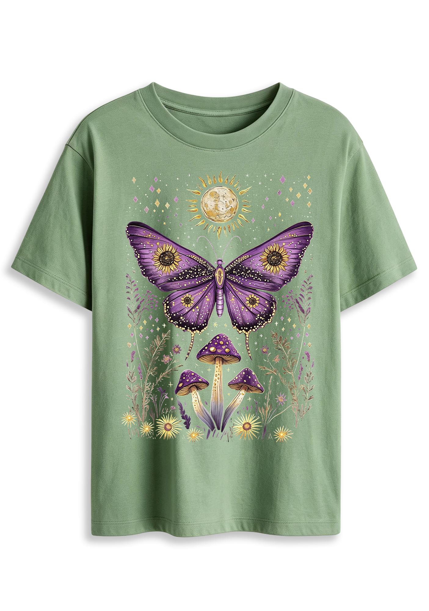 Mystical Moth Mushroom Celestial Moon Sun Wildflower Graphic T-Shirt