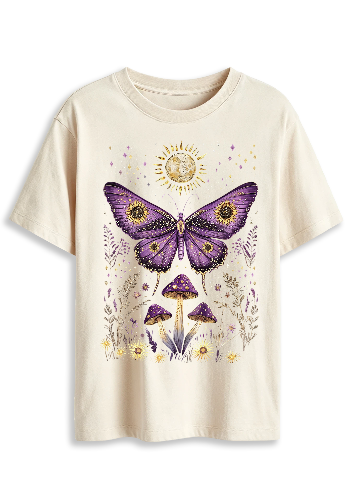 Mystical Moth Mushroom Celestial Moon Sun Wildflower Graphic T-Shirt