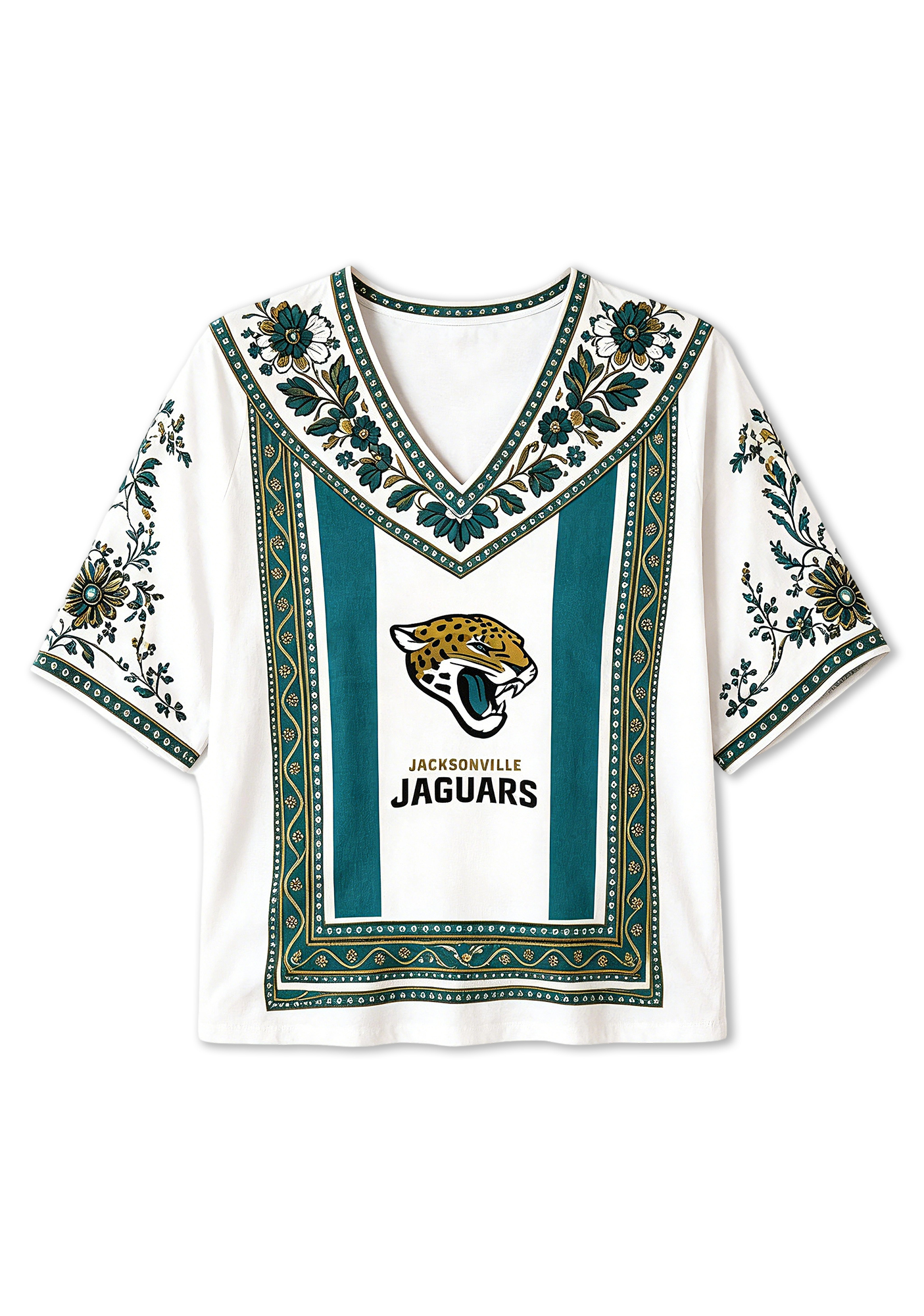 Boho Teal Floral Jacksonville Jaguars V-Neck Blouse
