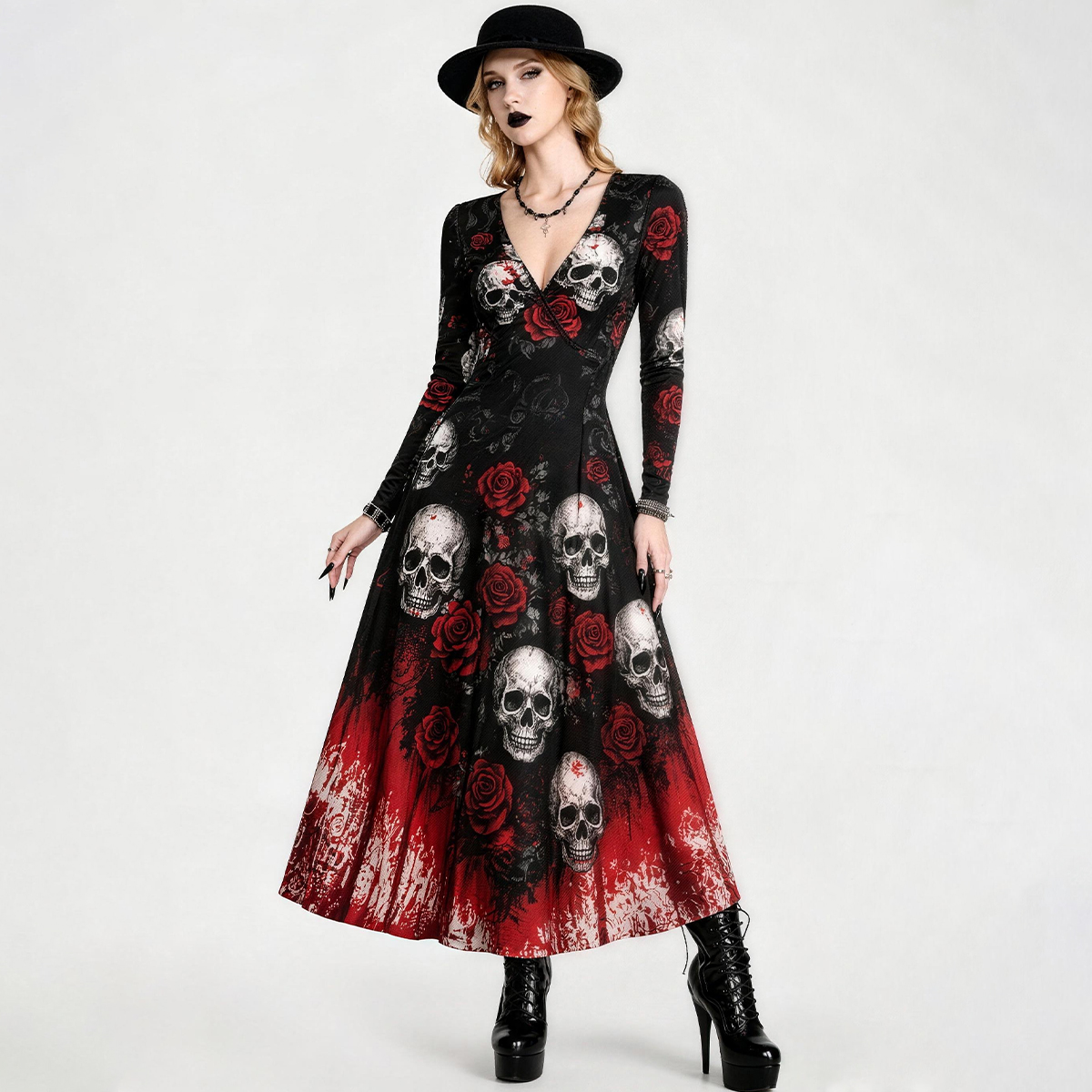 Skull & Red Rose Gothic Maxi Dress