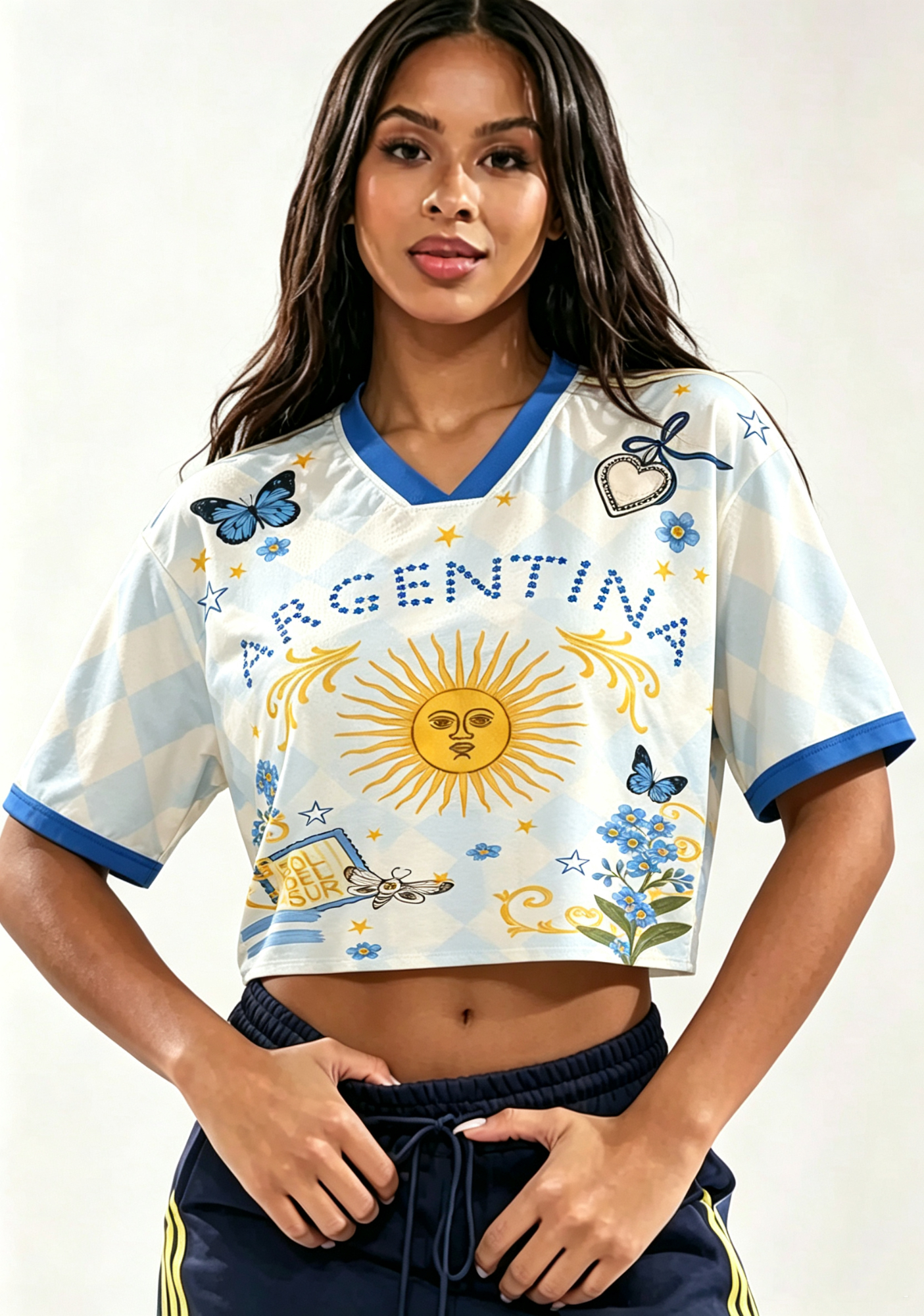 Argentina Sun of May Floral Butterfly Cropped Jersey Shirt