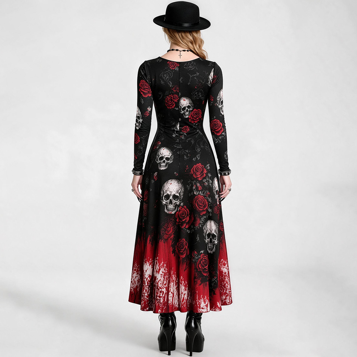 Skull & Red Rose Gothic Maxi Dress