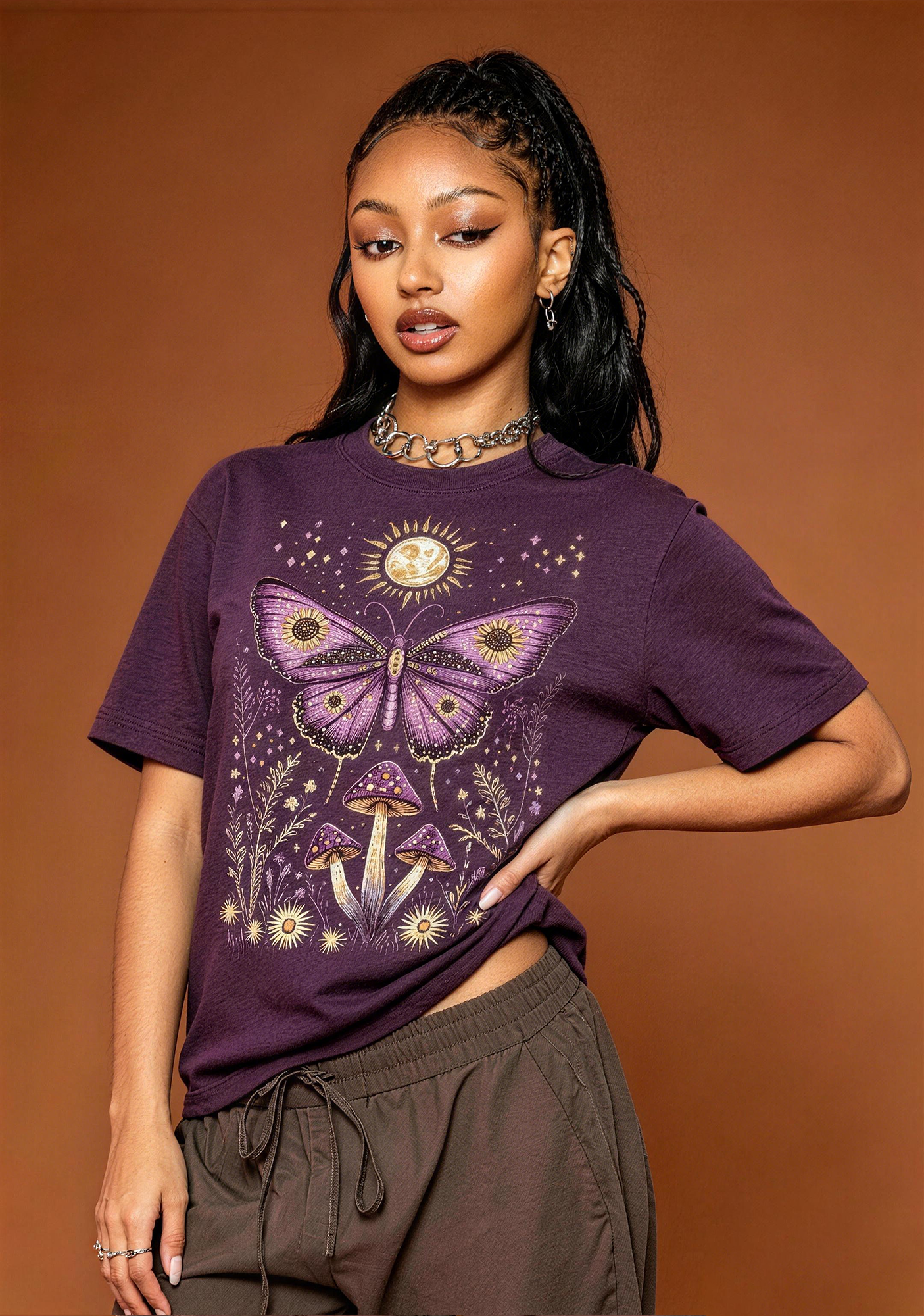 Mystical Moth Mushroom Celestial Moon Sun Wildflower Graphic T-Shirt