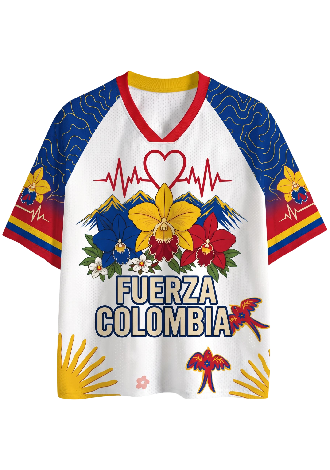 Fuerza Colombia Orchid National Flower Bird Heartbeat Patriotic Mesh Jersey Shirt