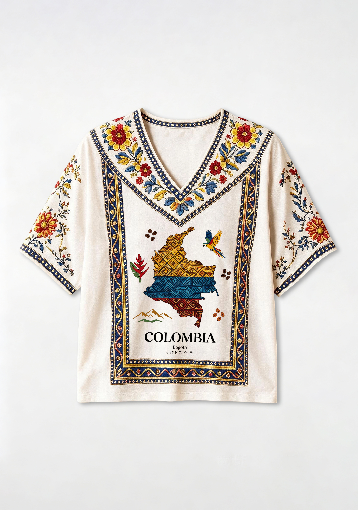 Boho Colombia Ethnic Map Floral V-Neck Blouse