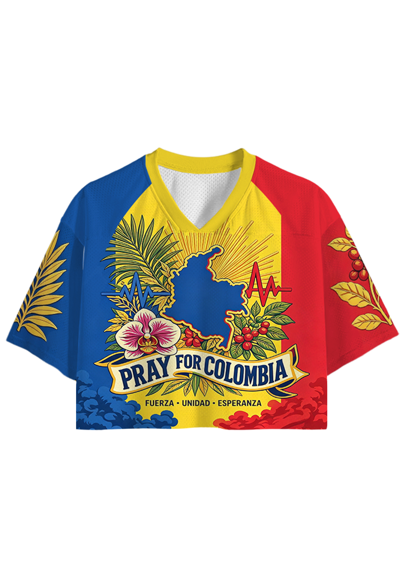 Pray For Colombia Tropical Floral Map Cropped Jersey Shirt