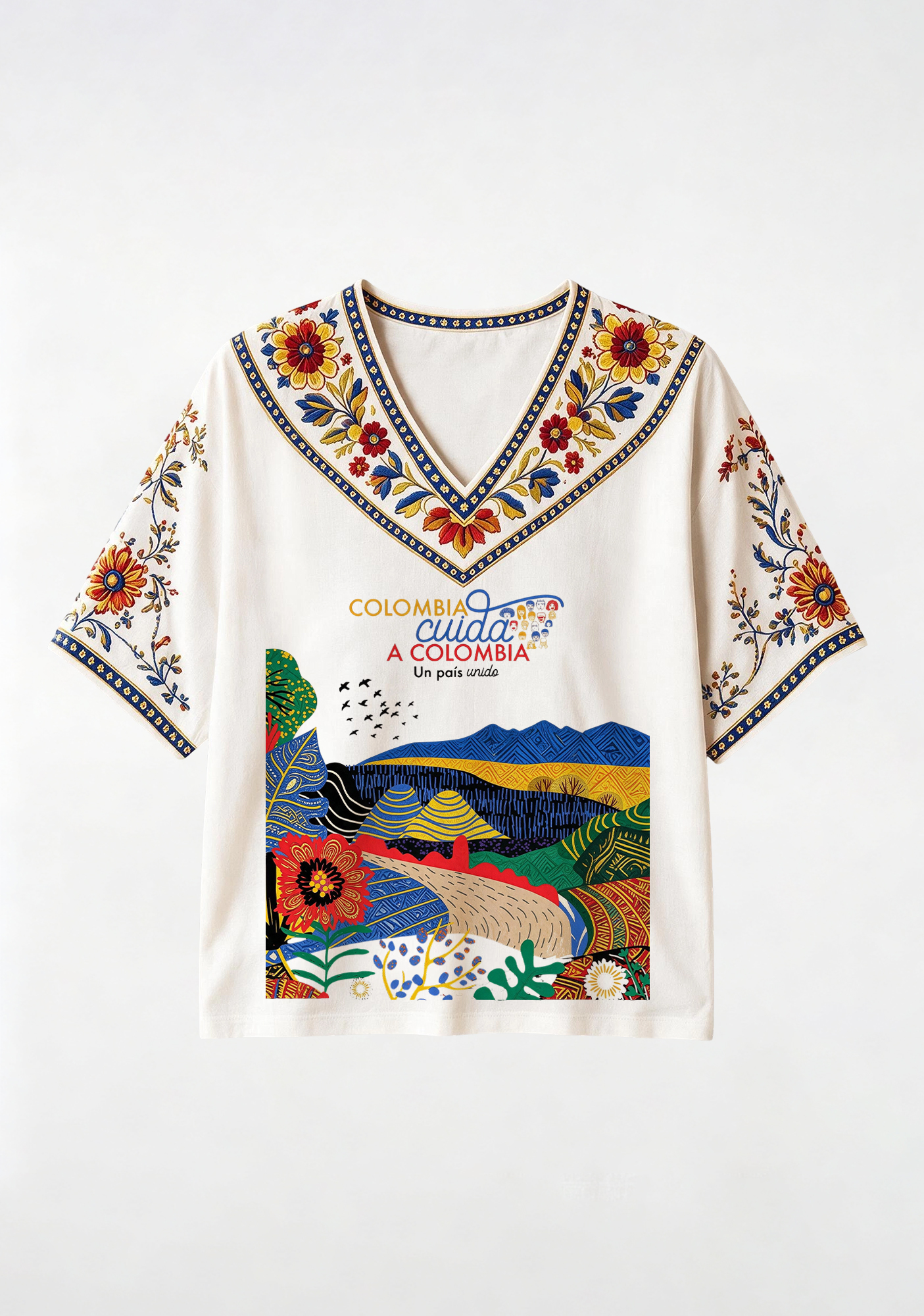 Colombian Folk Ethnic Floral V-Neck Blouse