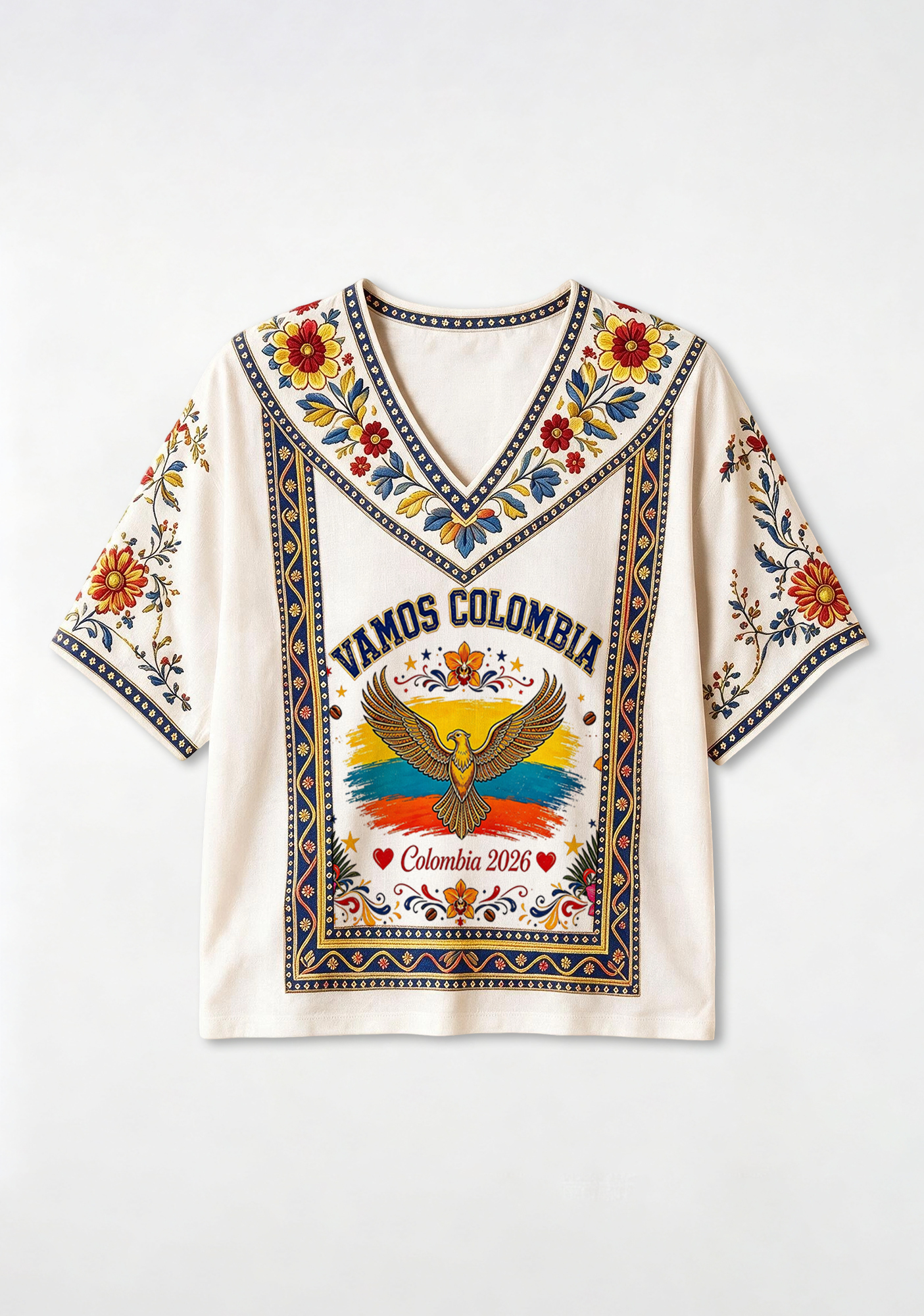 Colombian Folk Eagle Ethnic Floral V-Neck Blouse