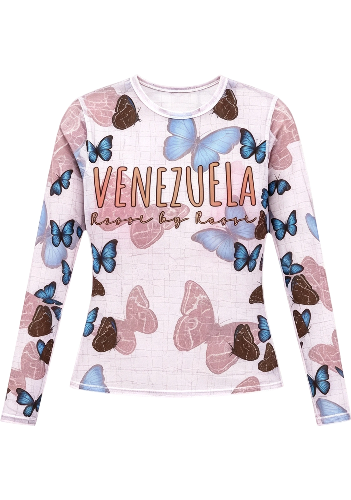 Venezuela Butterfly Print Slim‑Fit Long Sleeve Top