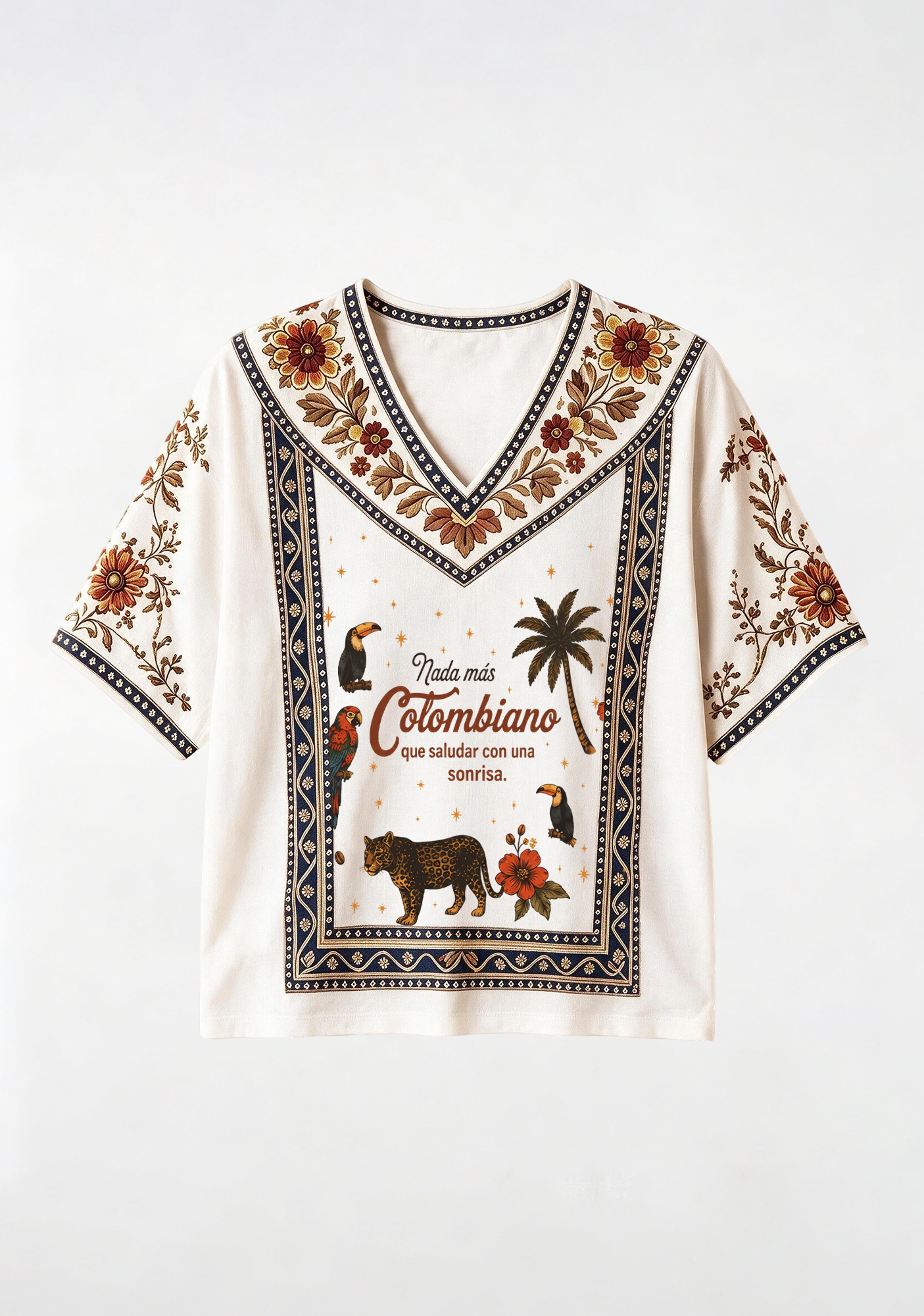 Colombian Tropical Wildlife Ethnic Floral V-Neck Blouse