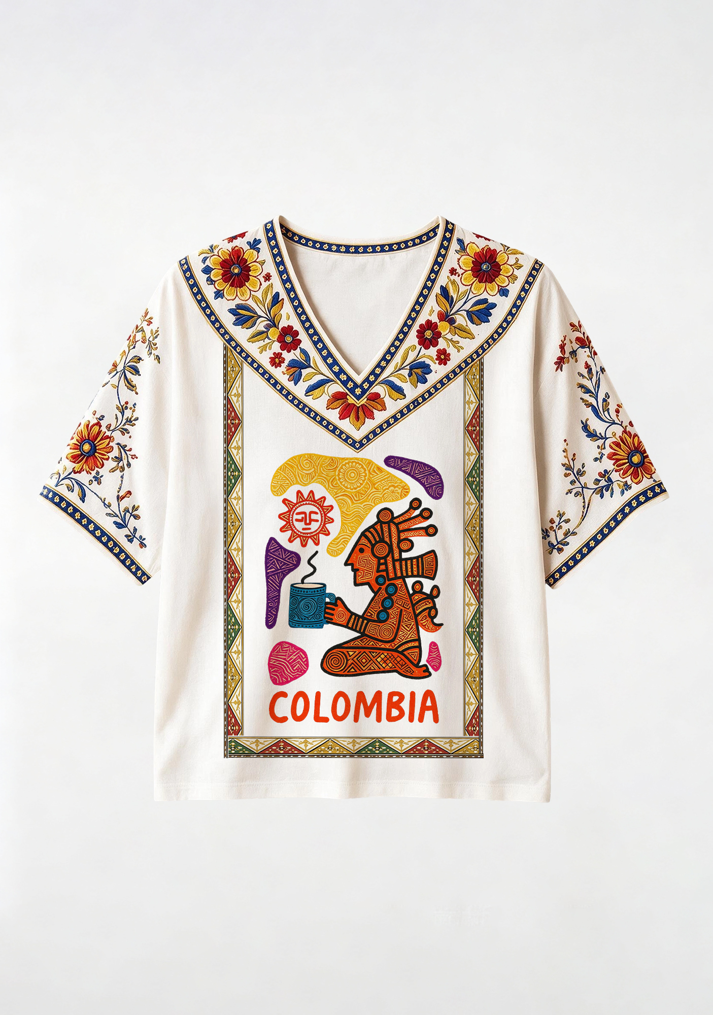 Colombian Indigenous Tribal Folk Art Floral V-Neck Blouse