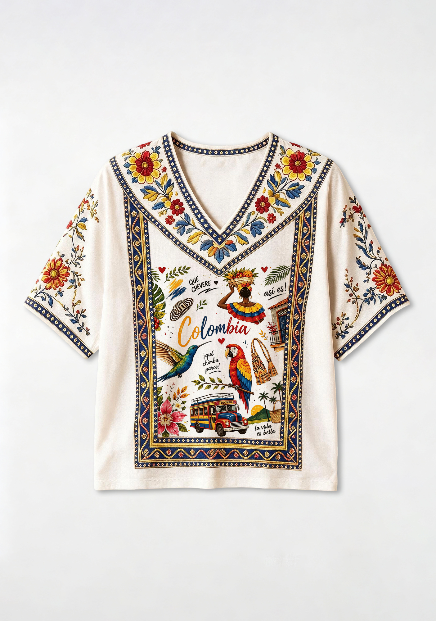 Colombian Cultural Scenery Tropical Floral V-Neck Blouse