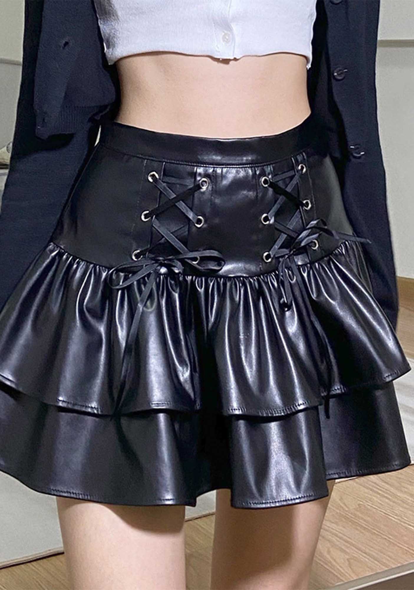 Gothic Lace-Up Ruffle Faux Leather Mini Skirt