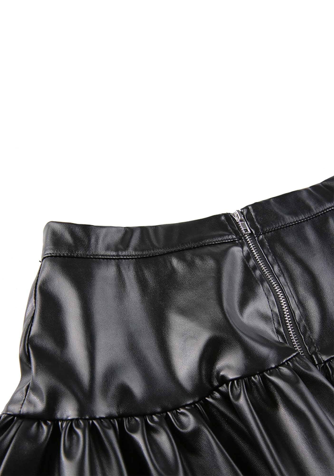Gothic Lace-Up Ruffle Faux Leather Mini Skirt