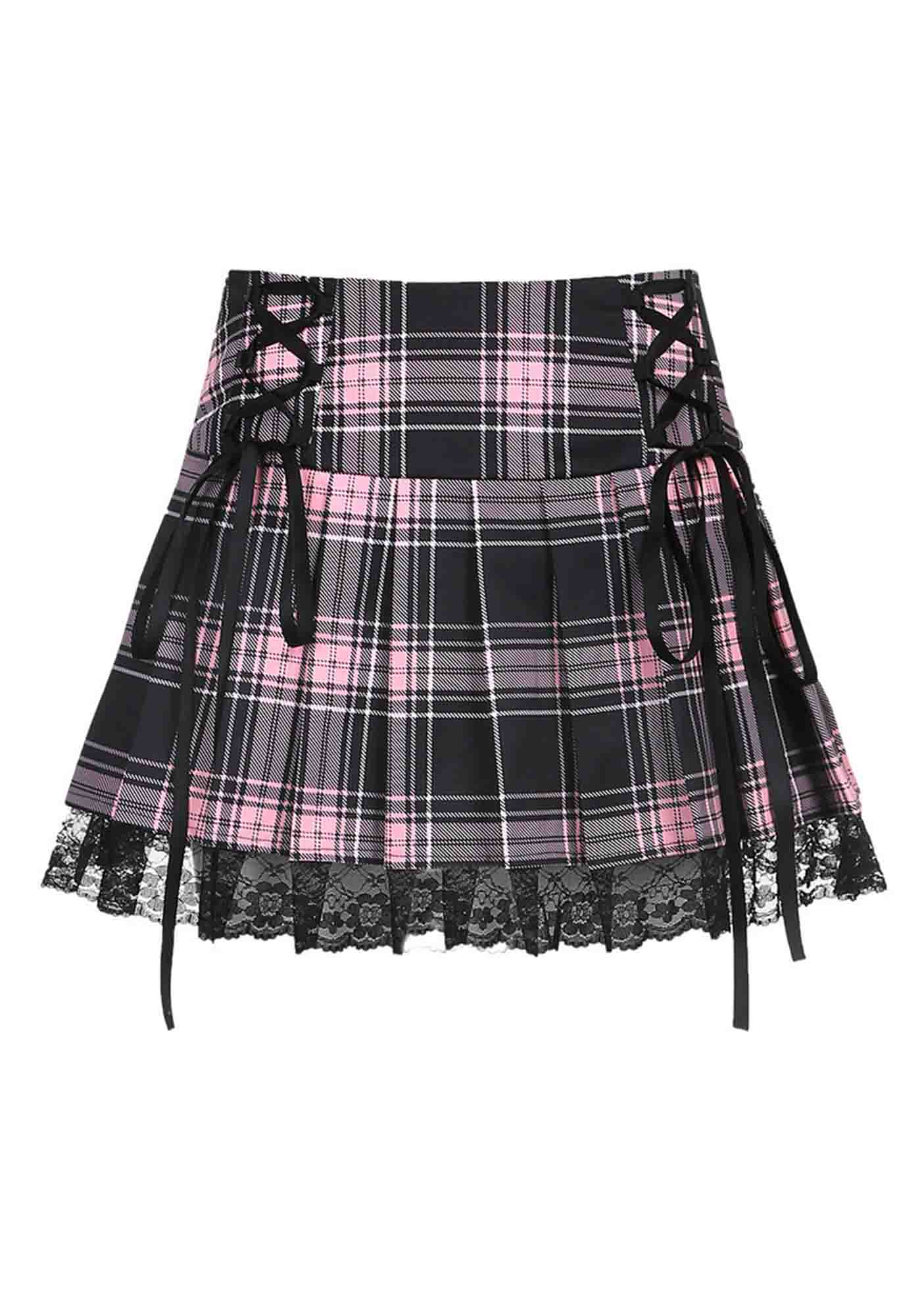 Y2K Pink Plaid Lace Up Ruffle Lace Trim Mini Skirt