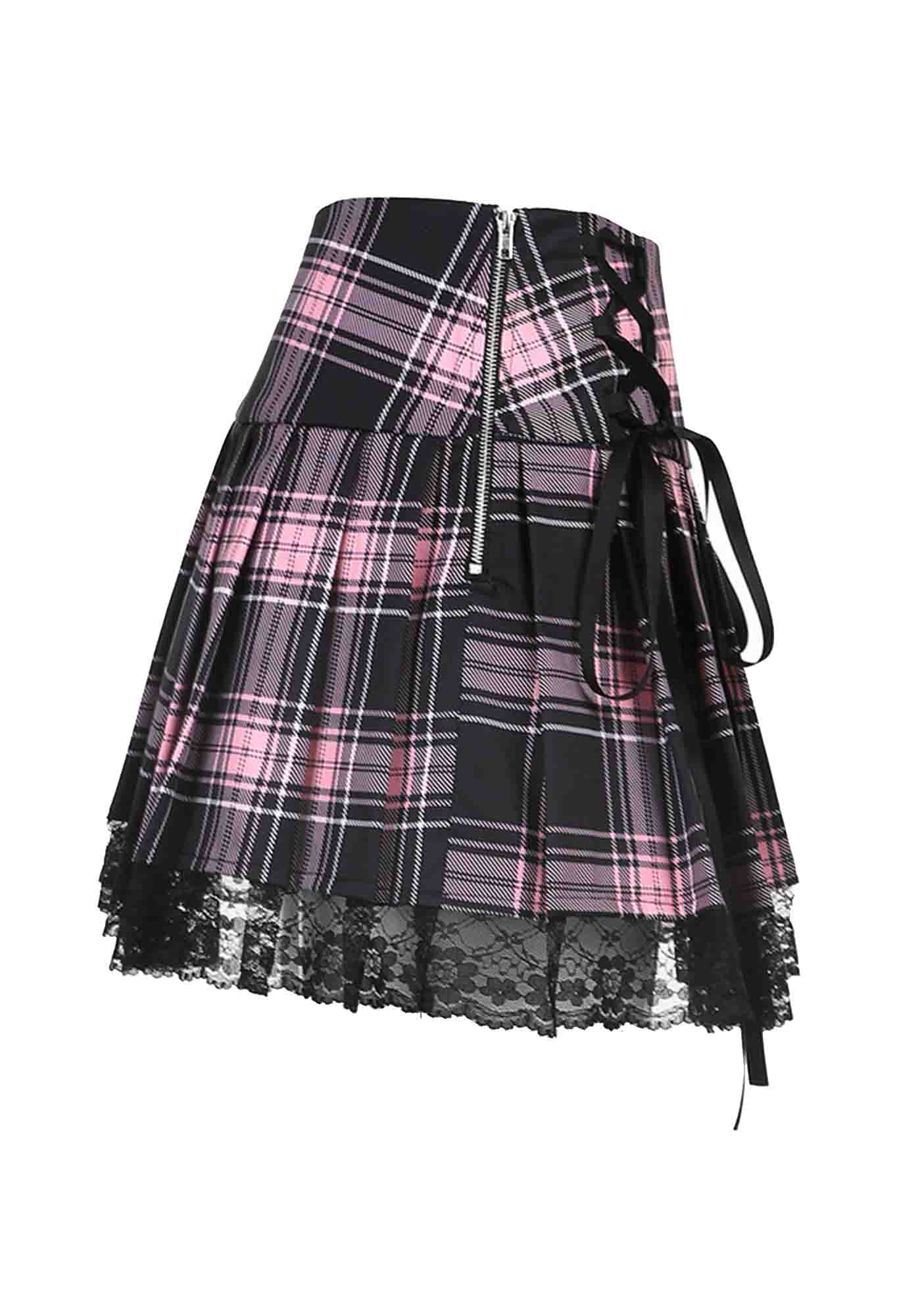 Y2K Pink Plaid Lace Up Ruffle Lace Trim Mini Skirt