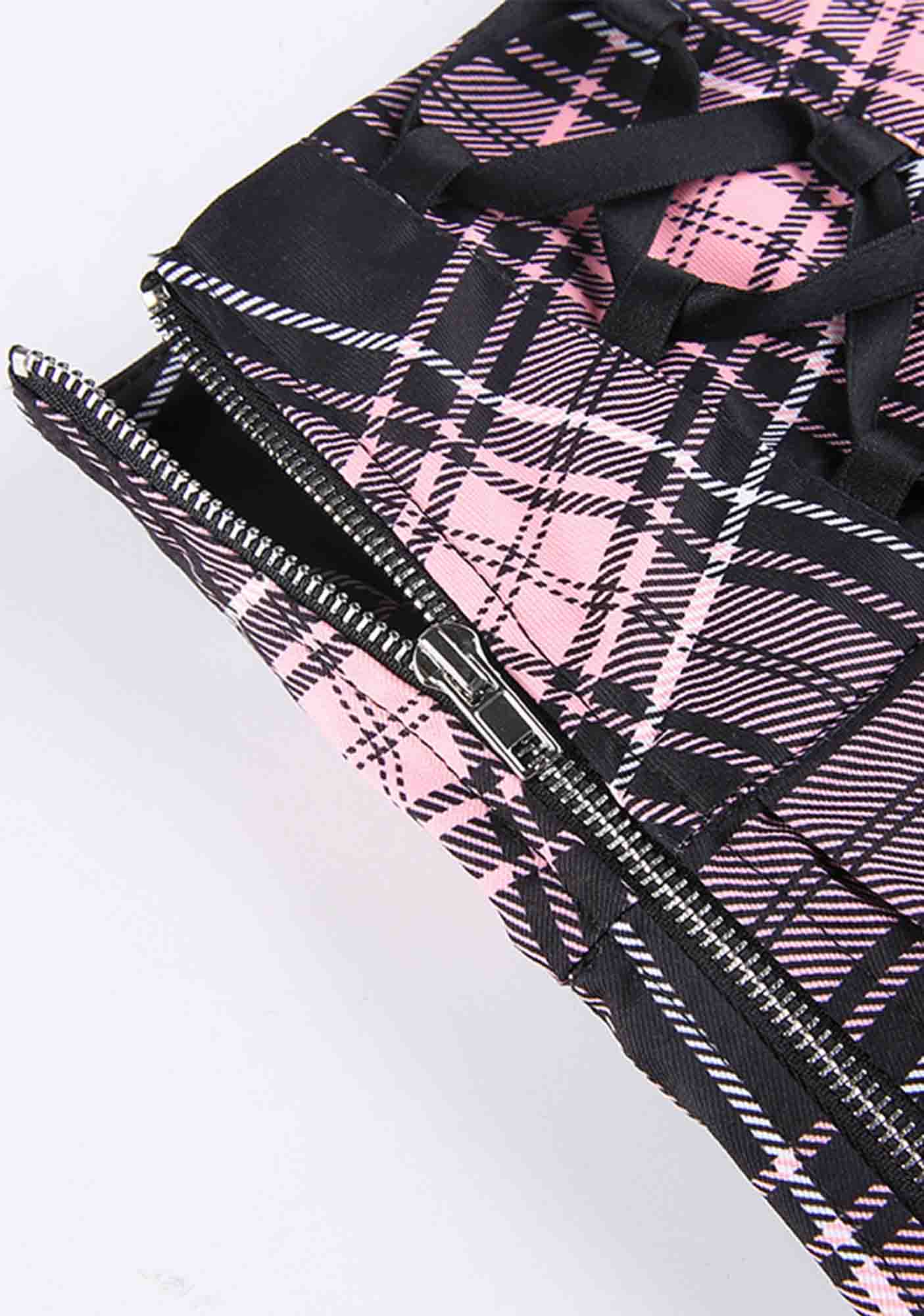 Y2K Pink Plaid Lace Up Ruffle Lace Trim Mini Skirt