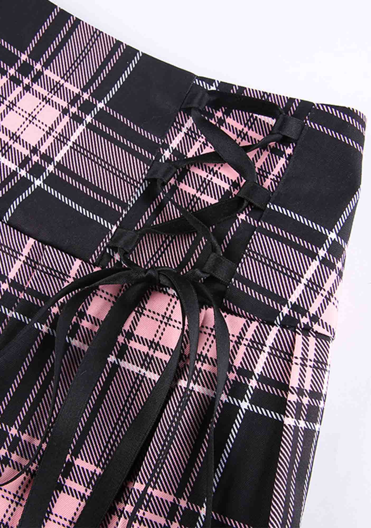 Y2K Pink Plaid Lace Up Ruffle Lace Trim Mini Skirt