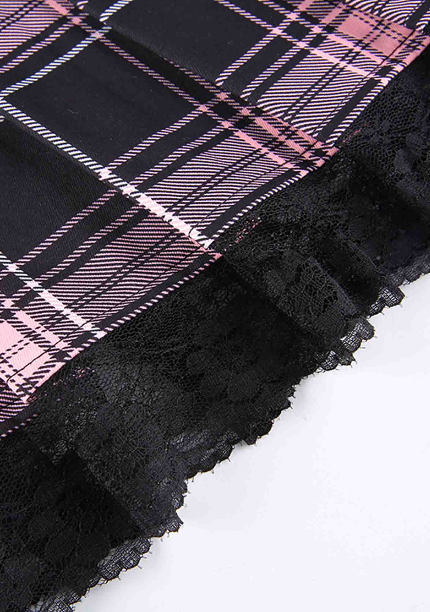 Y2K Pink Plaid Lace Up Ruffle Lace Trim Mini Skirt