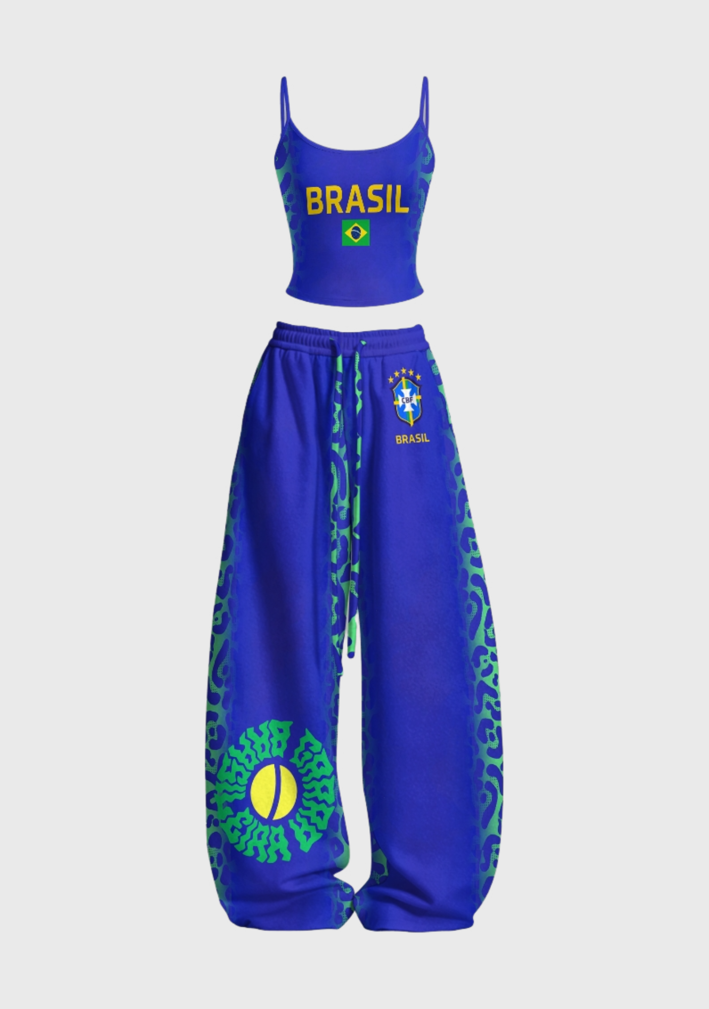 Brasil National Soccer Flag Graphic Tops & Elasticated Trousers Two-Piece Set