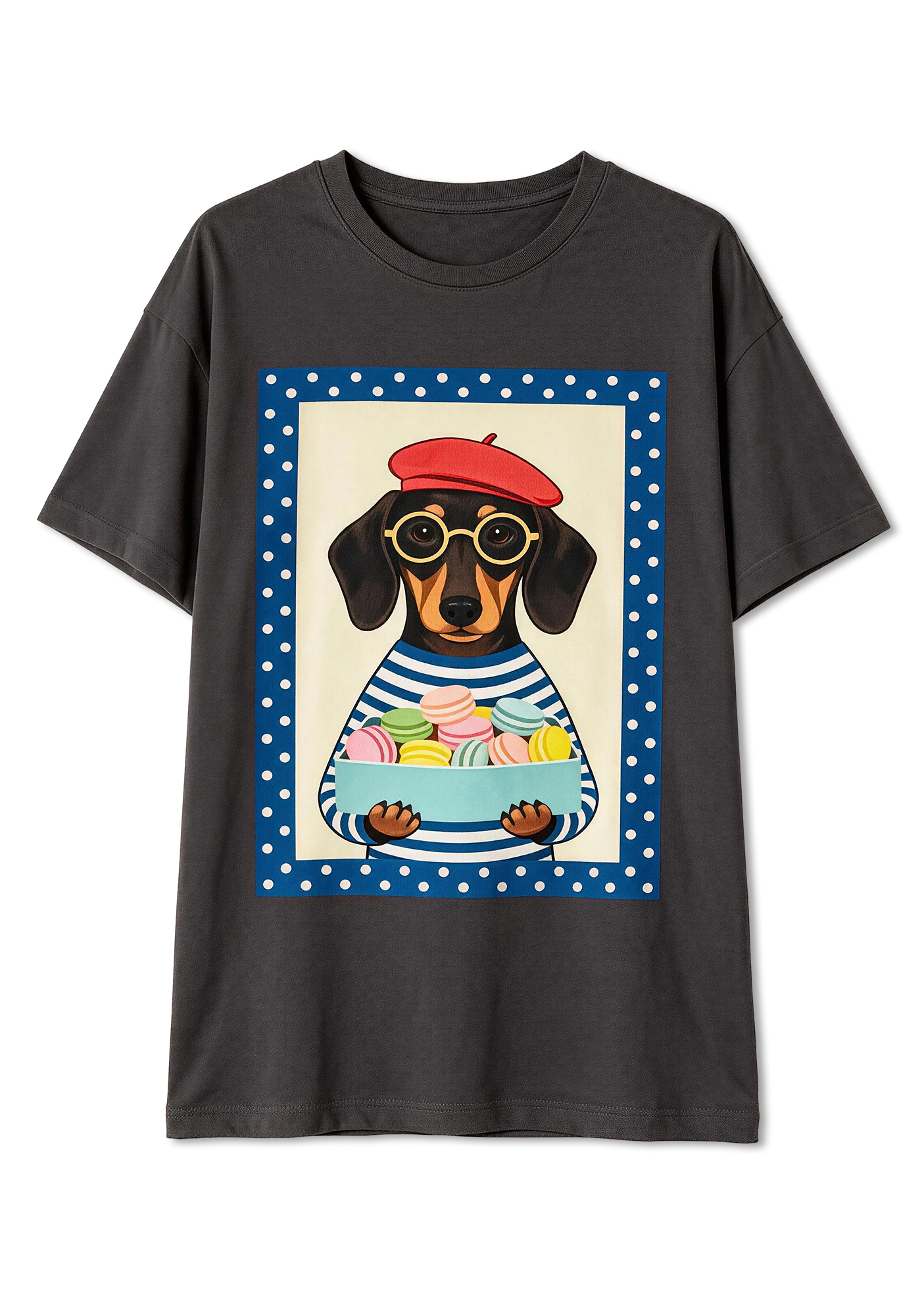 French Beret Dachshund Macaron Graphic T-Shirt
