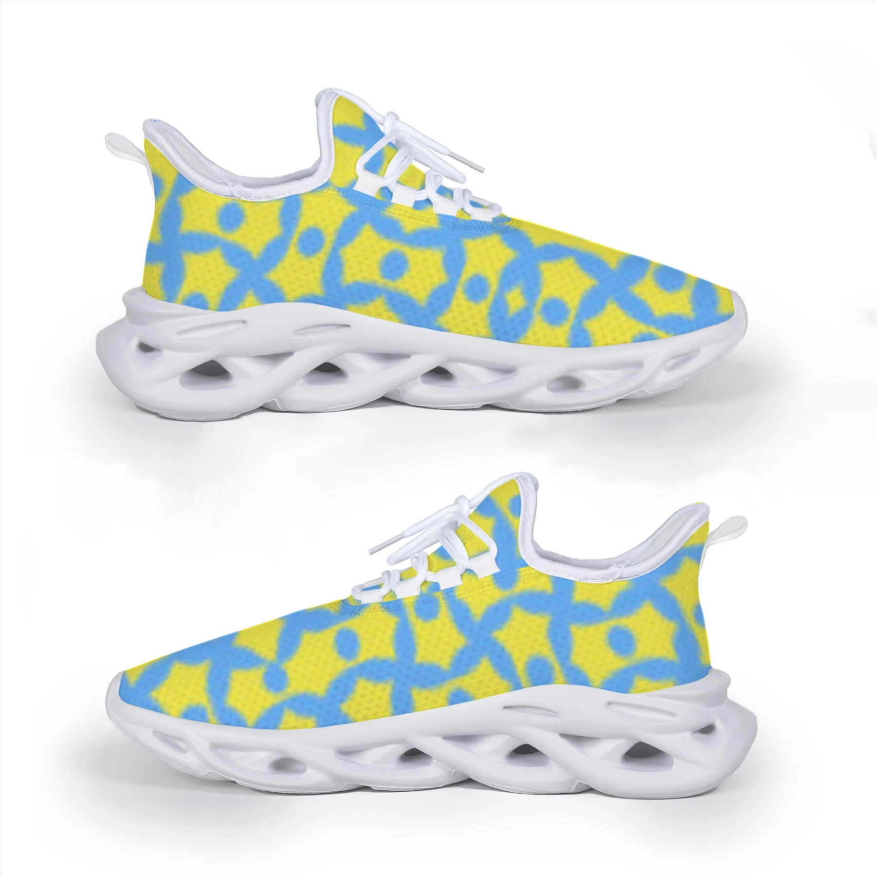 Blue Yellow Geometric Pattern Full Print Mesh Sneakers