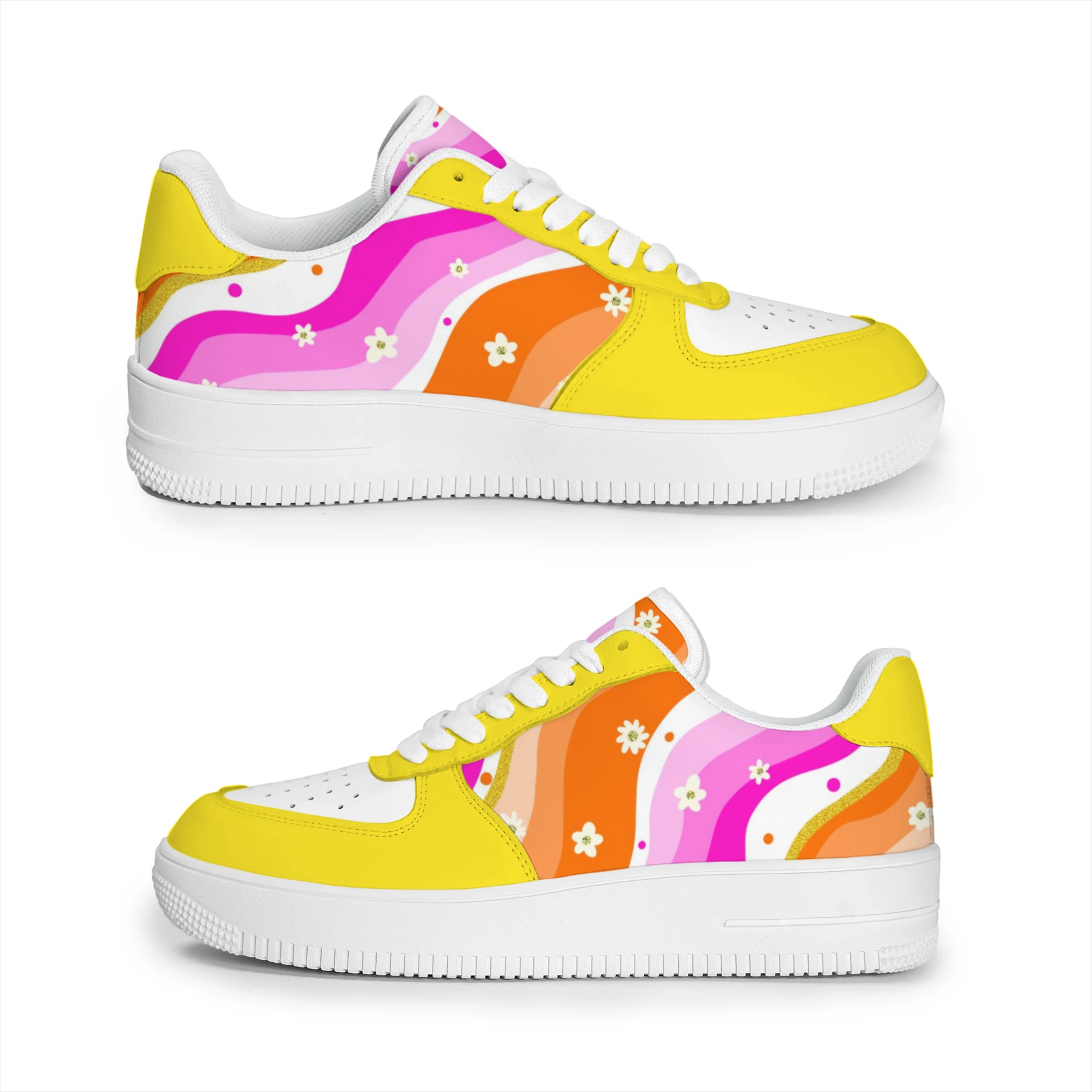 Retro Rainbow Wave Daisy Floral Low Top Sneakers