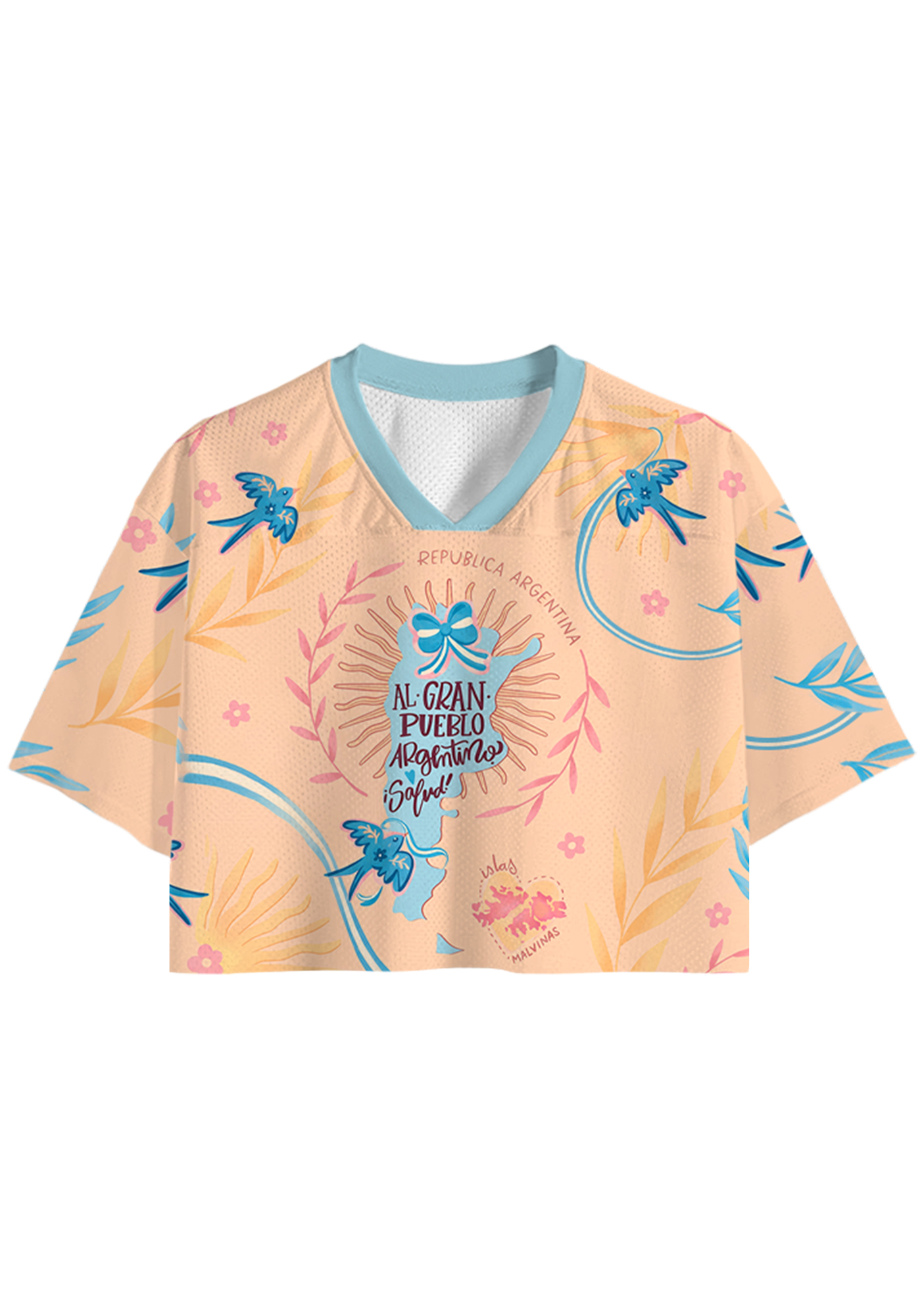 Peach Argentina Map Swallow Floral Allover Print Cropped Jersey Shirt