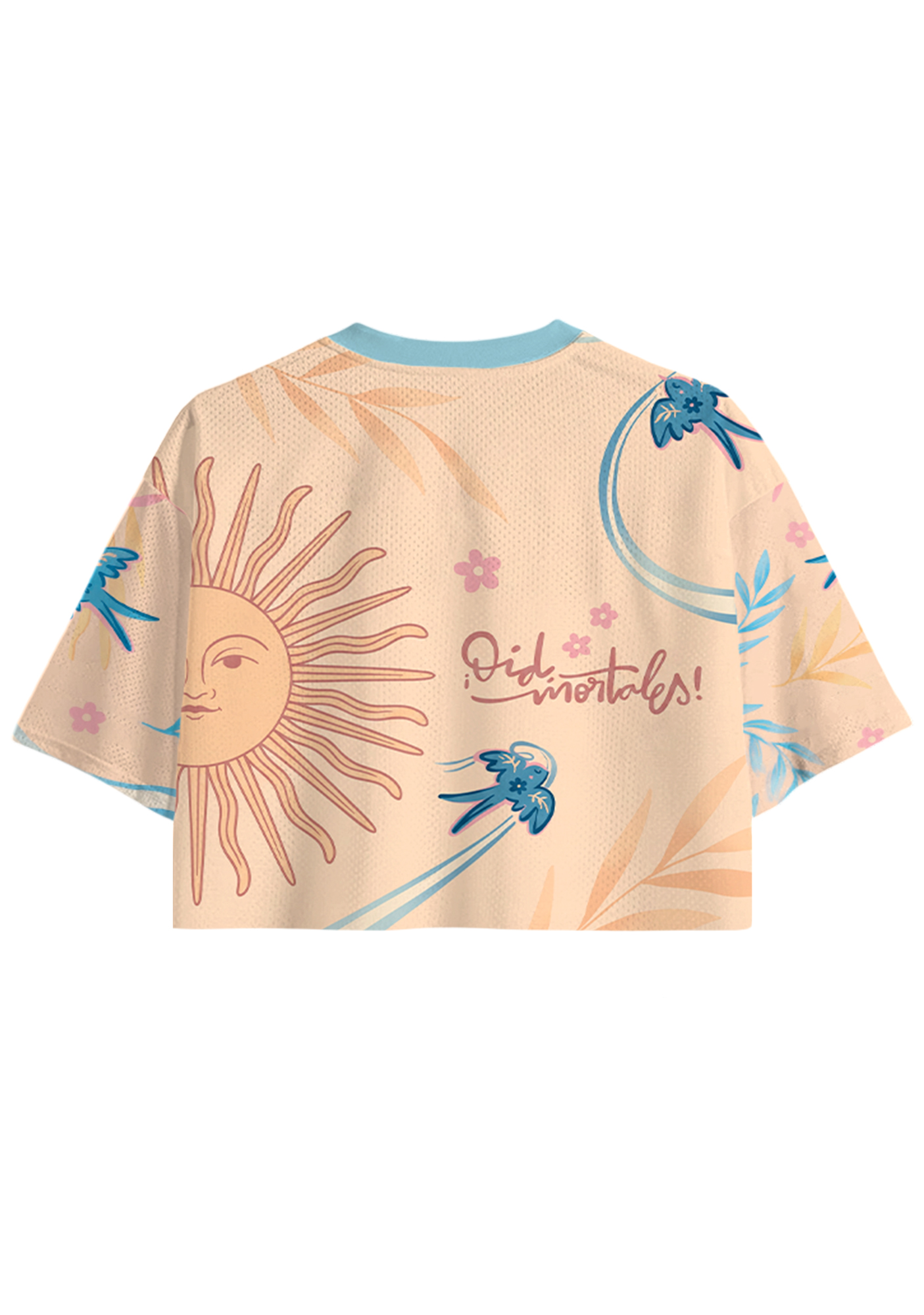 Peach Argentina Map Swallow Floral Allover Print Cropped Jersey Shirt