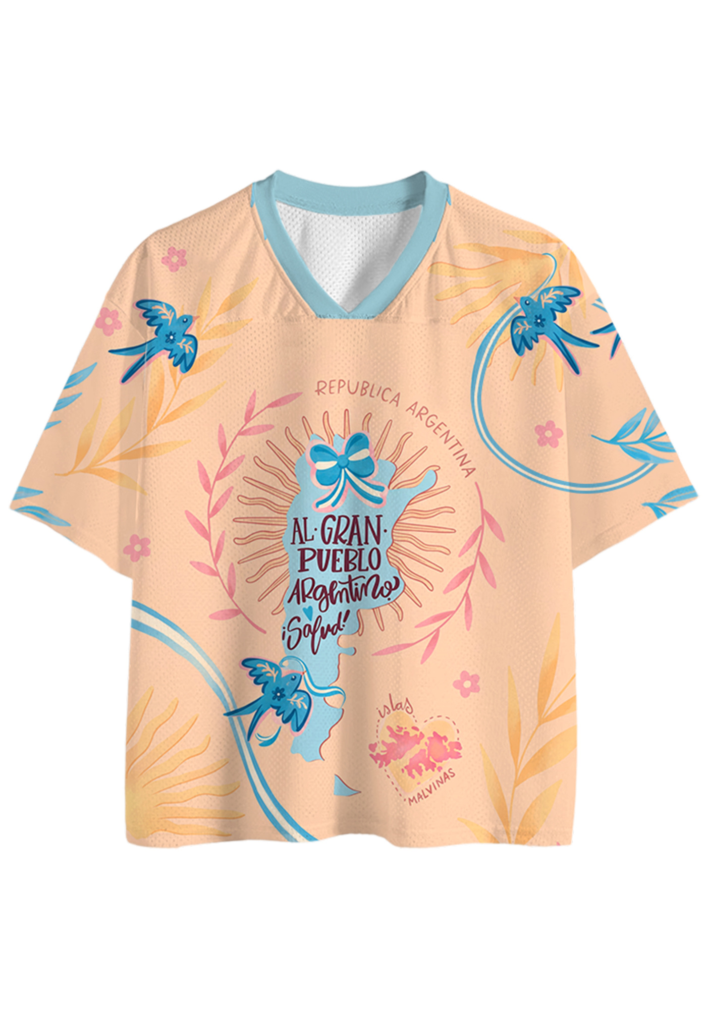 Peach Argentina Map Swallow Floral Allover Print Mesh Jersey Shirt