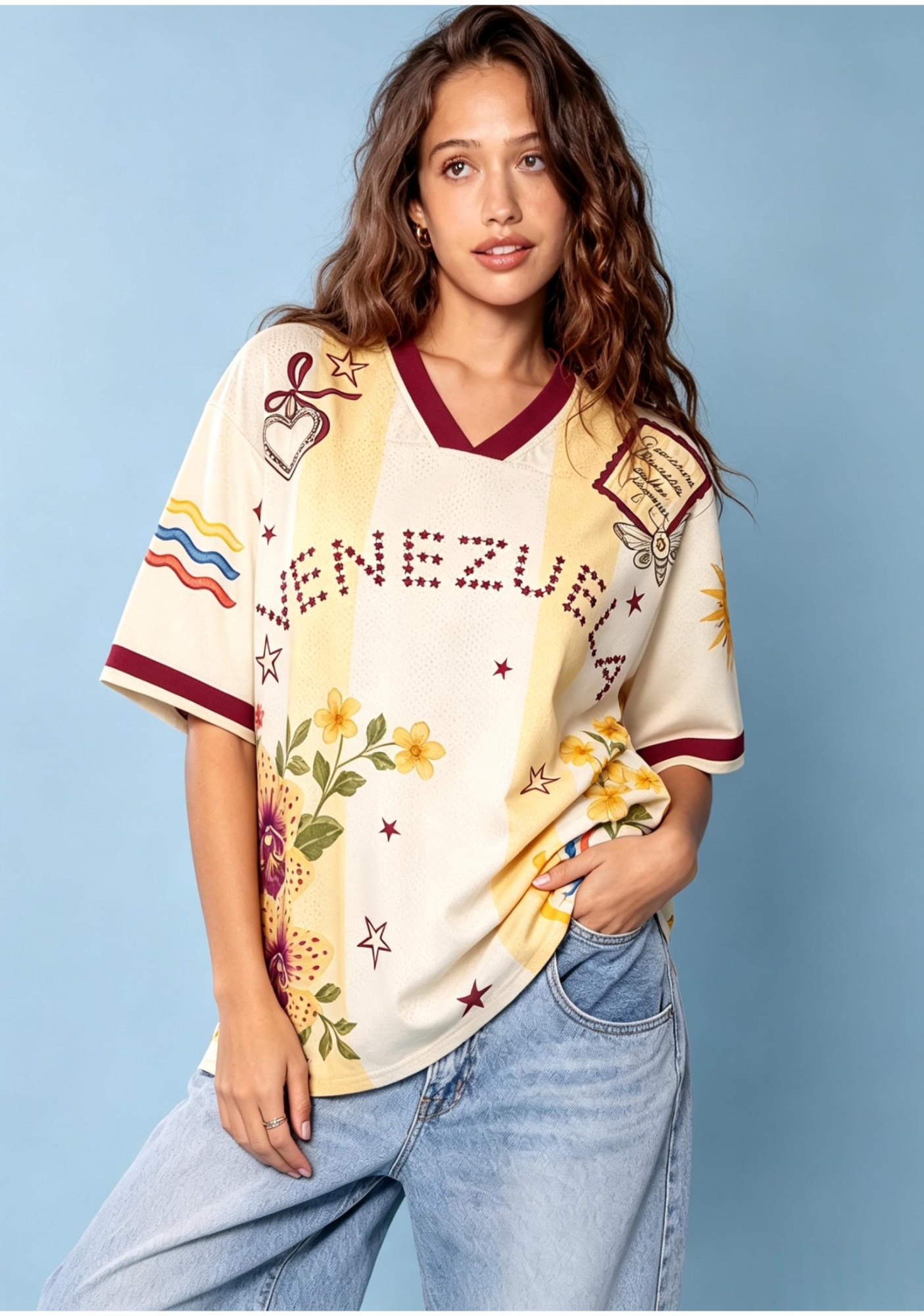  Cream Yellow Striped Venezuela Retro Floral Orchid Mesh Jersey Shirt