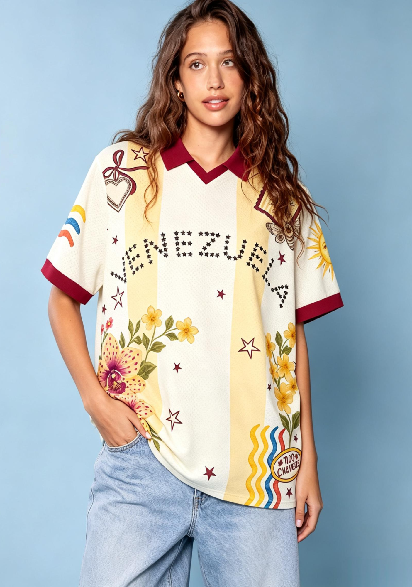 Cream Yellow Striped Venezuela Retro Floral Orchid Collared Jersey Shirt