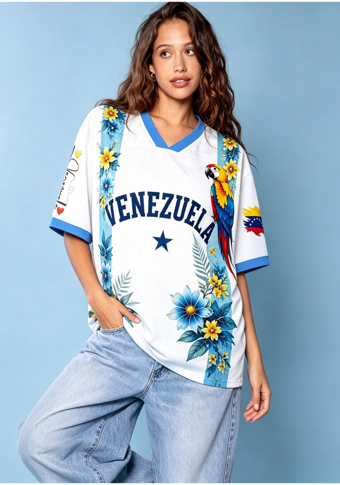Tropical Parrot Venezuela Floral Print White Mesh Jersey Shirt