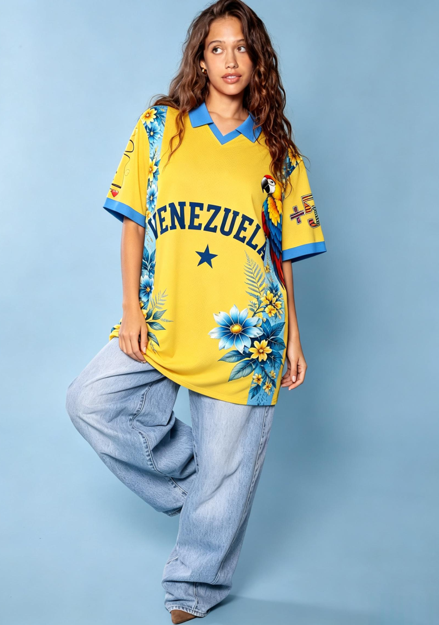 Venezuela Inspired Tropical Parrot Floral Collared Jersey Shirt