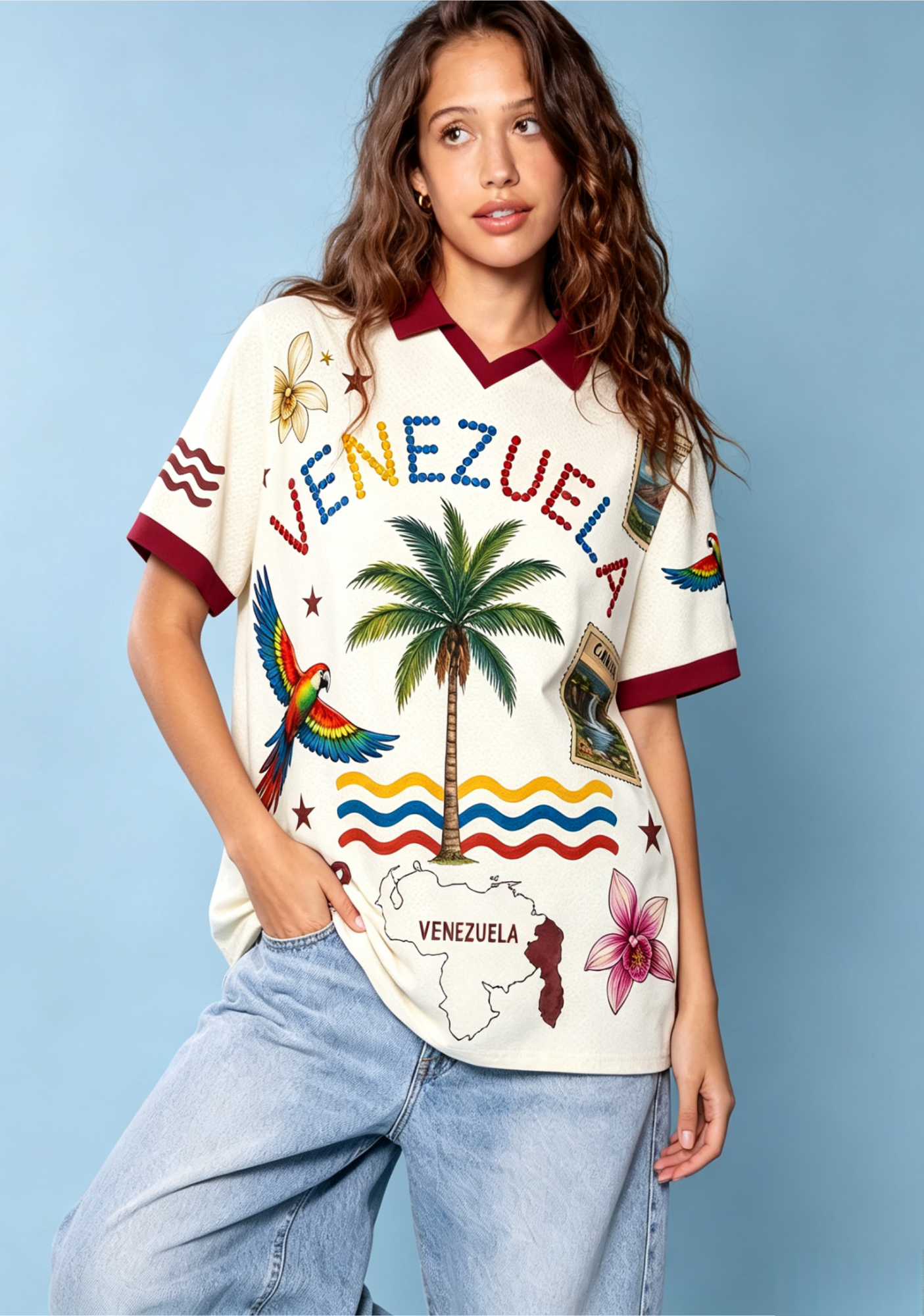 Tropical Venezuela Parrot Stamp Travel Collared Mesh Jersey Shirt