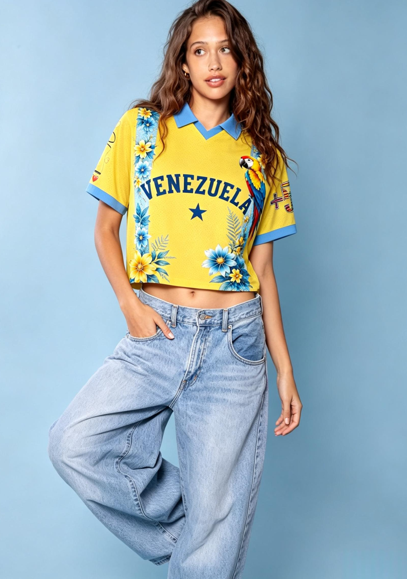 Venezuela Inspired Tropical Parrot Floral Cropped Collared Jersey Shirt