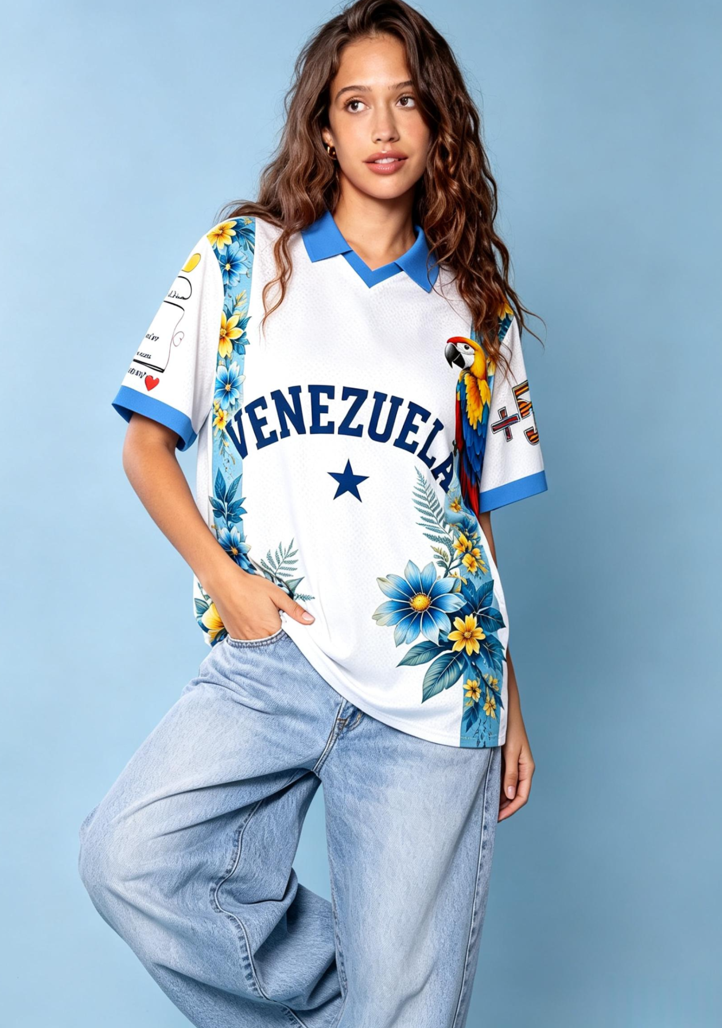 Tropical Parrot Venezuela Floral Print White Collared Jersey Shirt