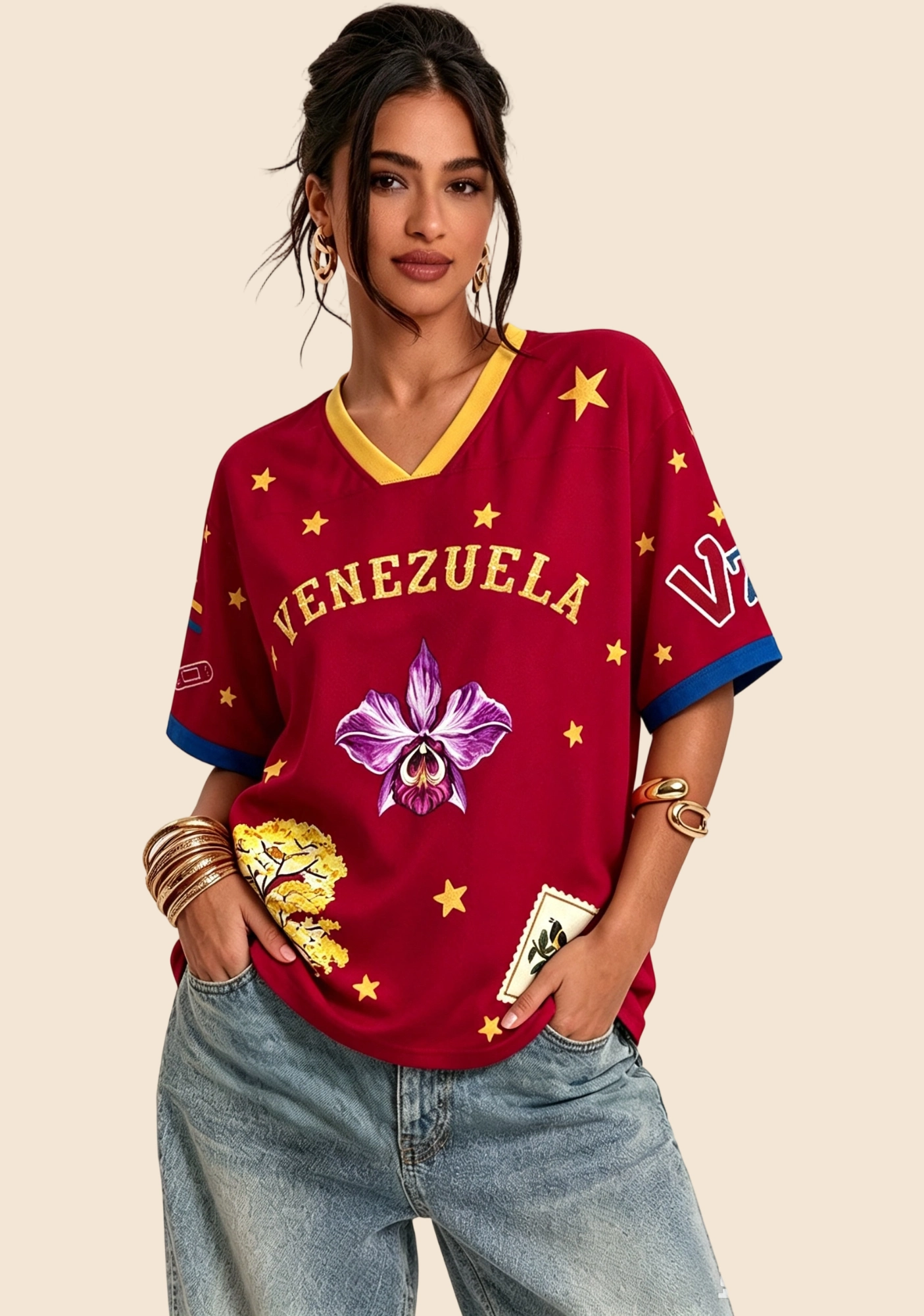 Venezuela Orchid Star Print Mesh Jersey Shirt