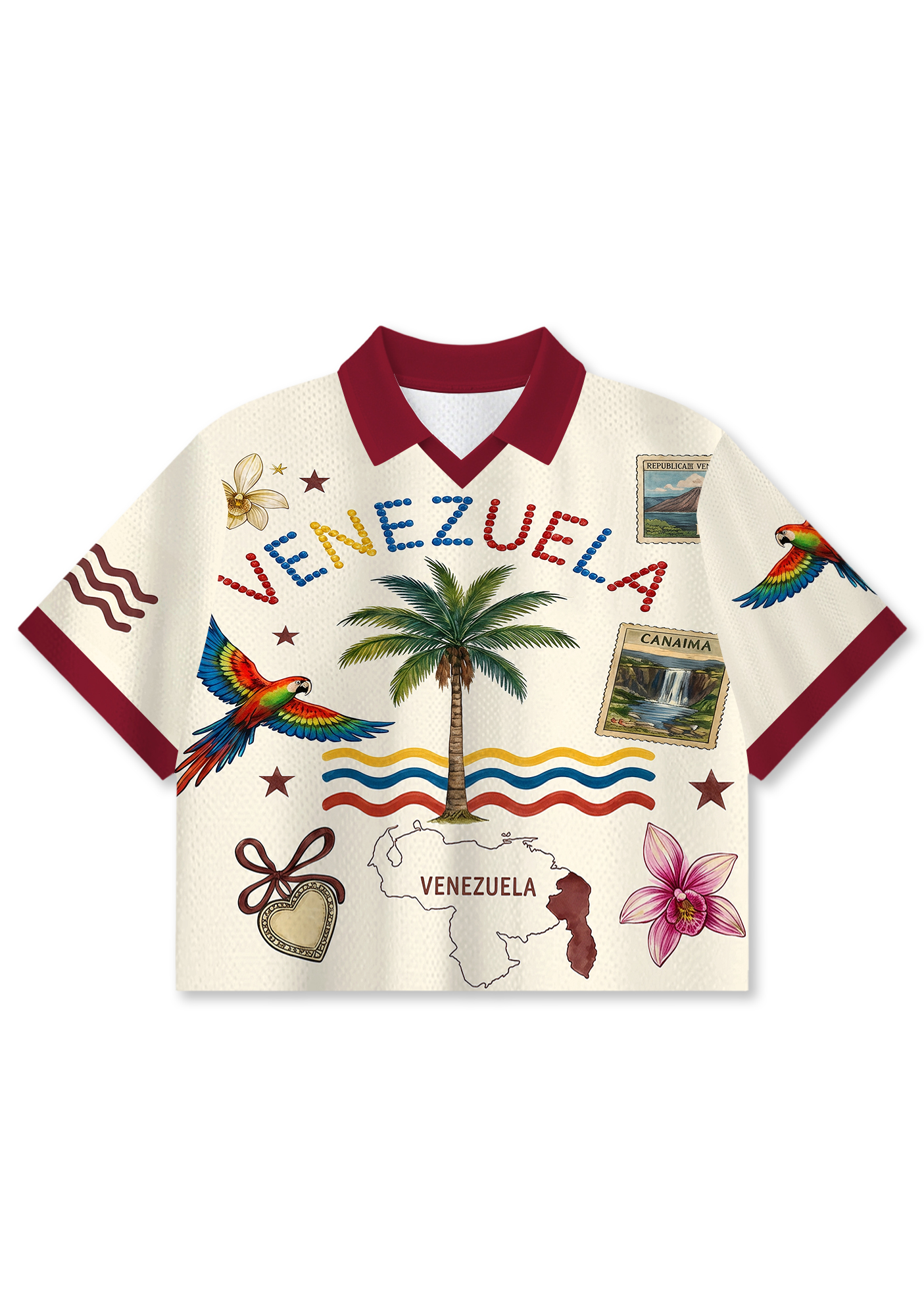 Tropical Venezuela Parrot Stamp Travel Cropped Collared Jersey Shirt