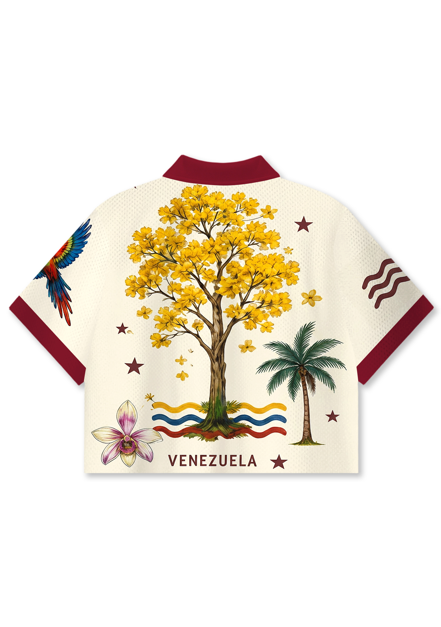 Tropical Venezuela Parrot Stamp Travel Cropped Collared Jersey Shirt
