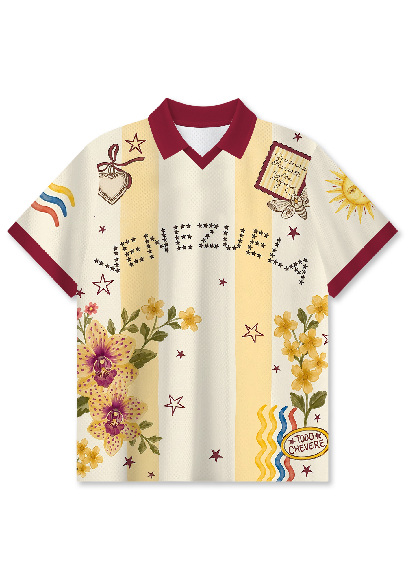 Cream Yellow Striped Venezuela Retro Floral Orchid Collared Jersey Shirt