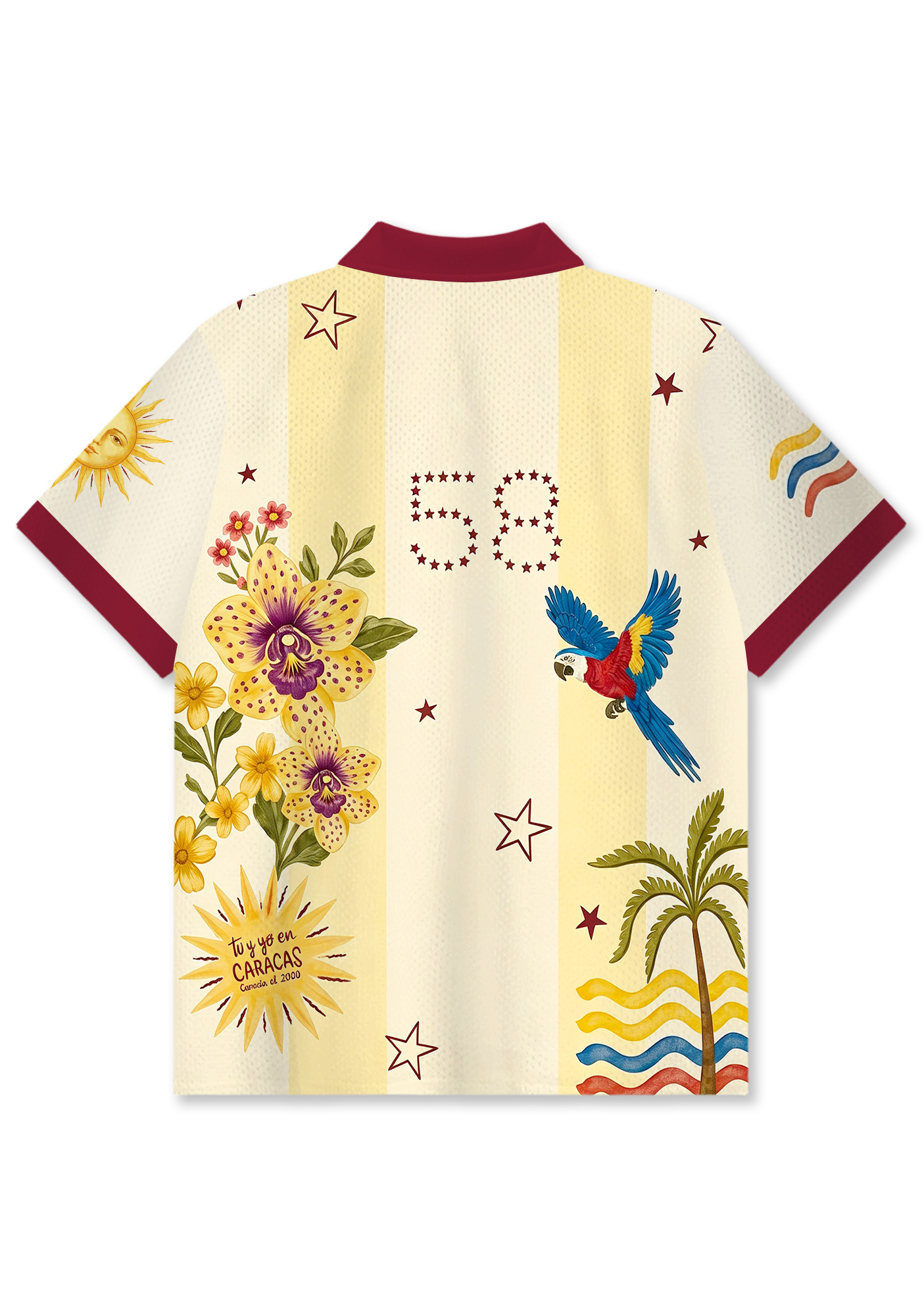 Cream Yellow Striped Venezuela Retro Floral Orchid Collared Jersey Shirt