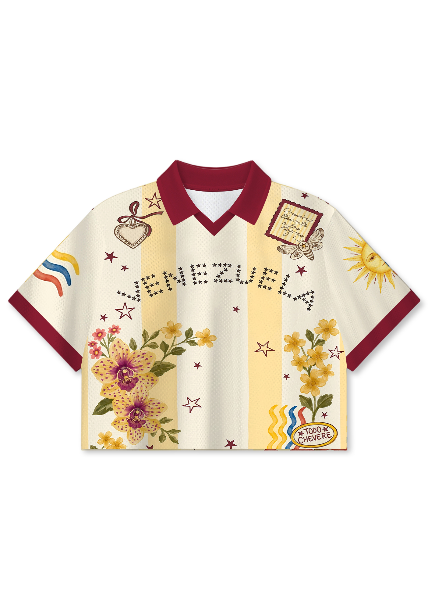 Cream Yellow Striped Venezuela Retro Floral Orchid Cropped Collared Jersey Shirt