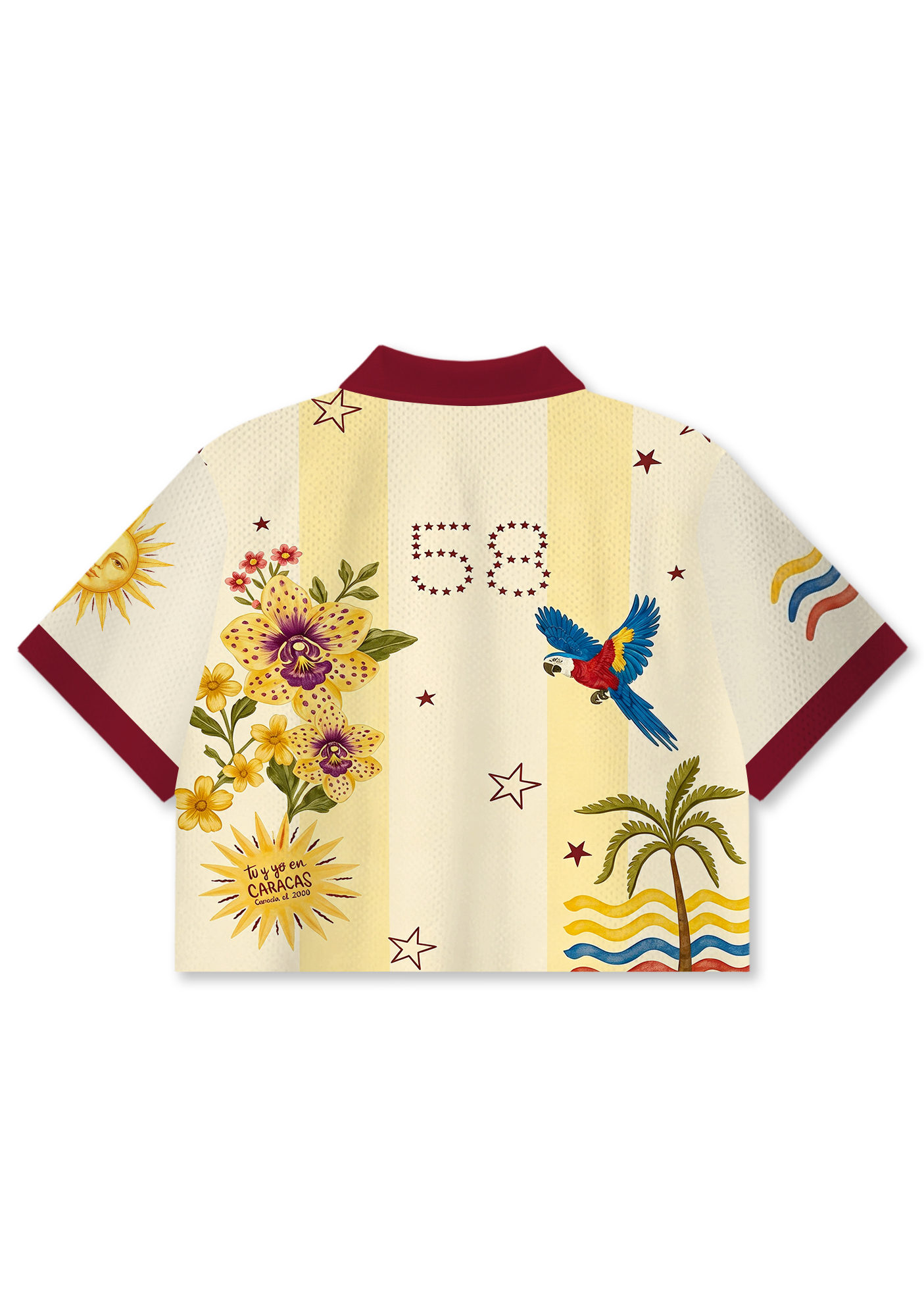 Cream Yellow Striped Venezuela Retro Floral Orchid Cropped Collared Jersey Shirt