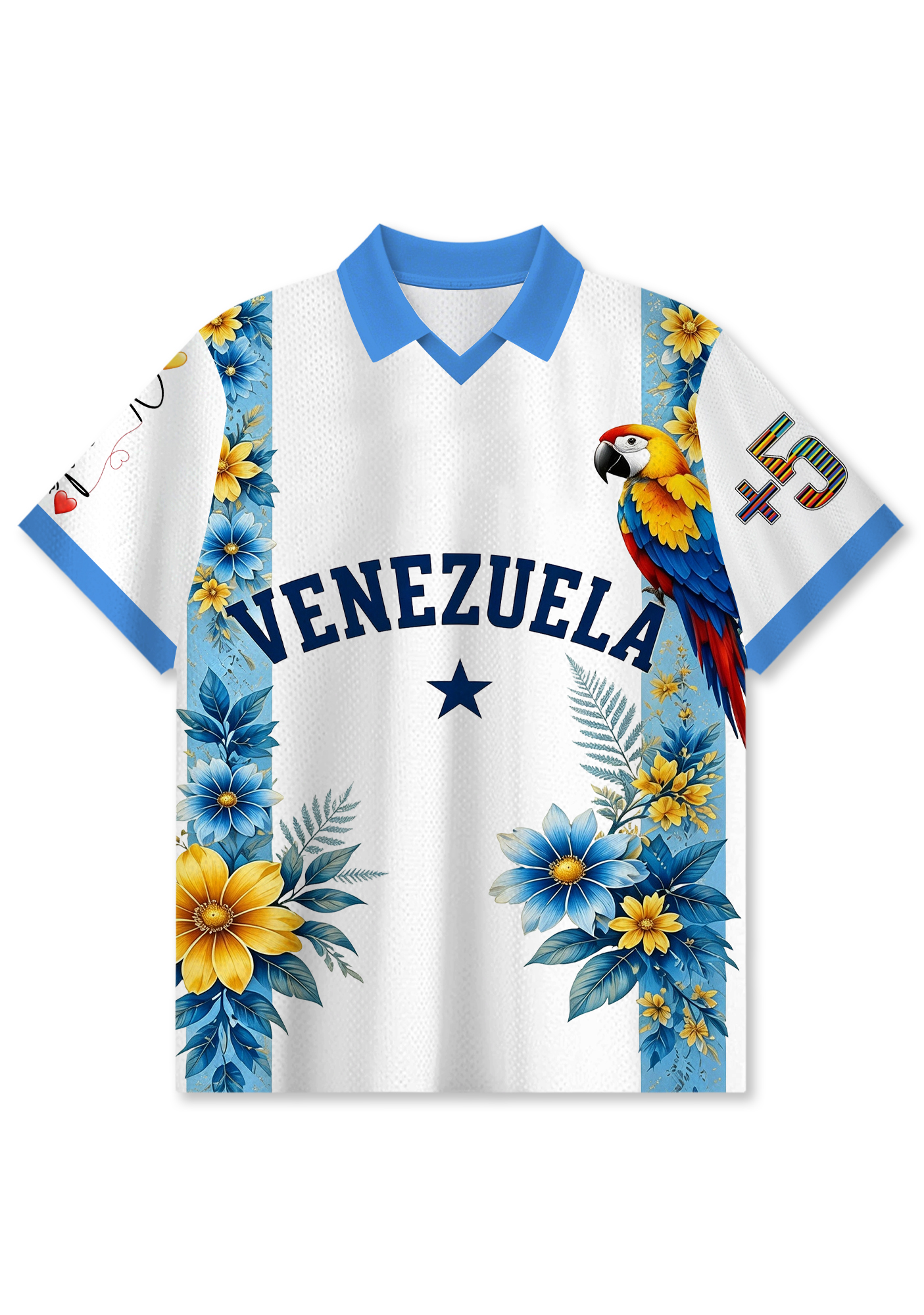 Tropical Parrot Venezuela Floral Print White Collared Jersey Shirt