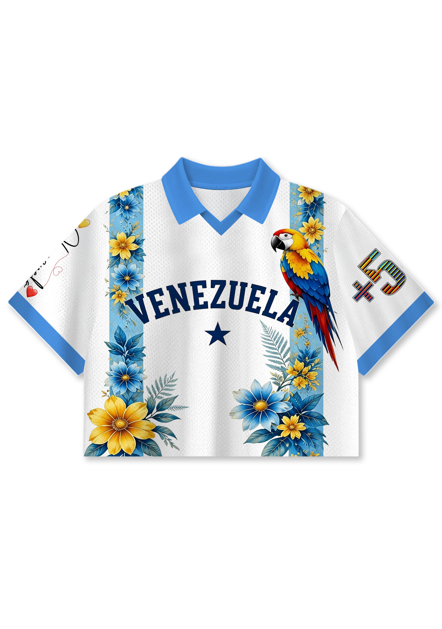 Tropical Parrot Venezuela Floral Print White Cropped Collared Jersey Shirt